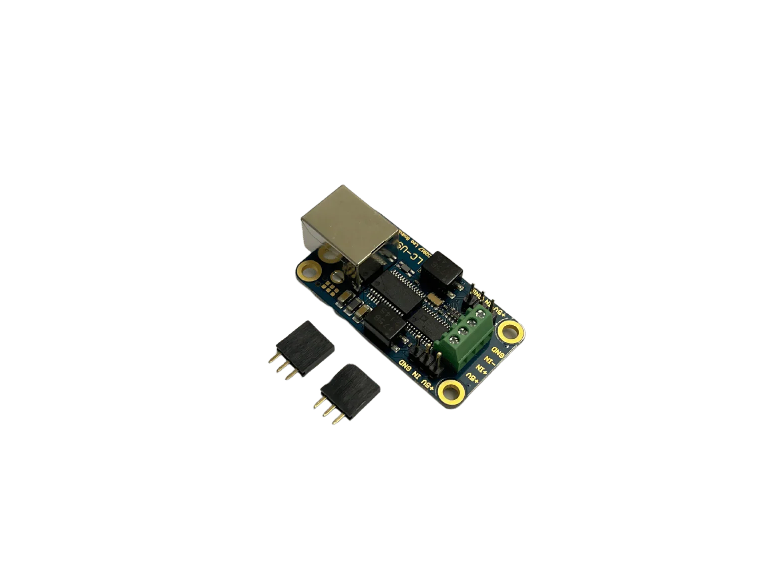 Perspective view of the KartSim Bonder interface board showing USB port, green screw-terminal connections, and electronic components on a compact PCB