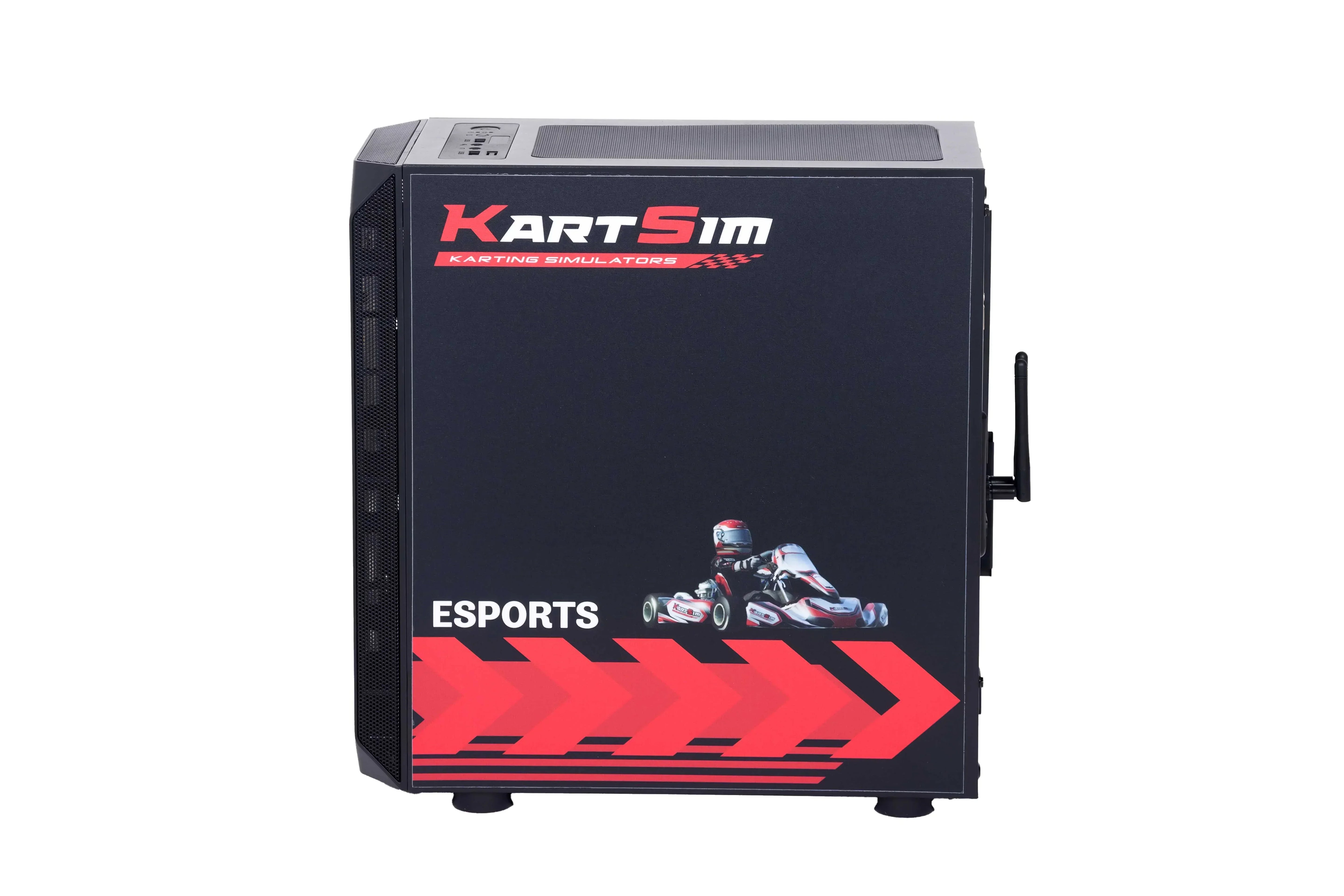 Professional esports gaming PC for kart simulator with racing graphics, designed for kart driver training.