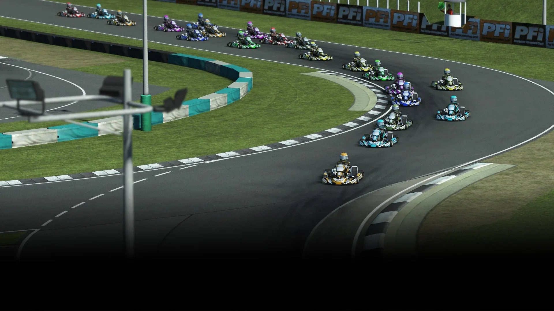 KartSim esports race at PFI circuit, showcasing multiple karts navigating a sweeping right-hand corner in close competition, with colorful team liveries and trackside barriers.