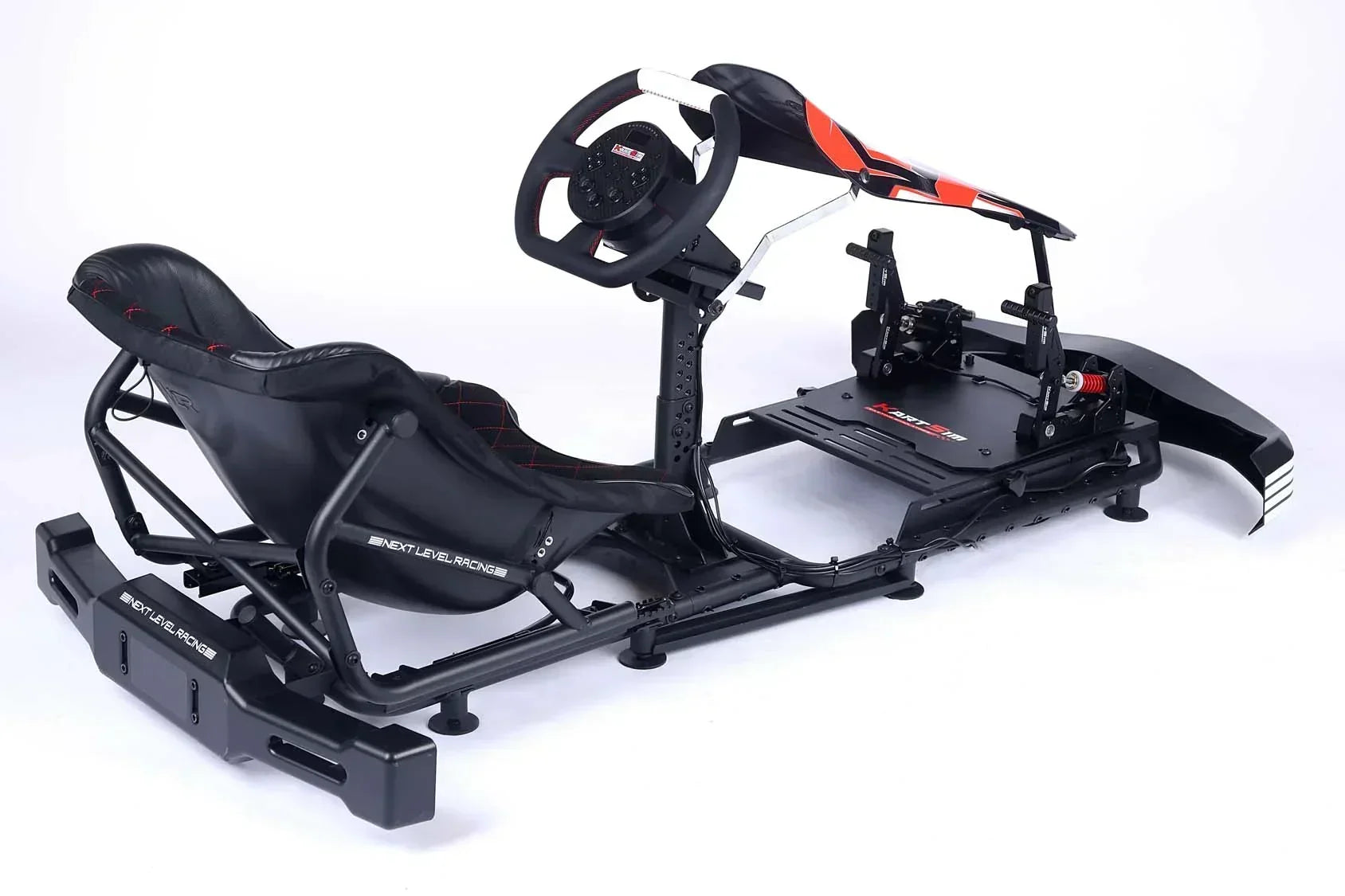 Professional kart simulator chassis with racing seat, pedals, wheel, and adjustable training setup
