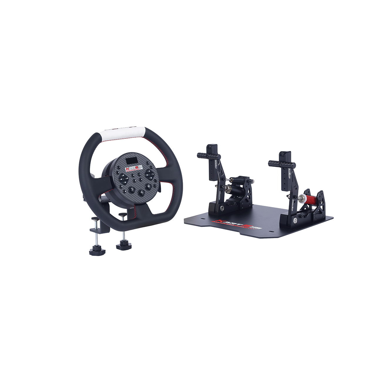 KartSim Esports racing bundle featuring a high-precision steering wheel with clamp mounts and dual-pedal set on a sturdy base for realistic simulator driving