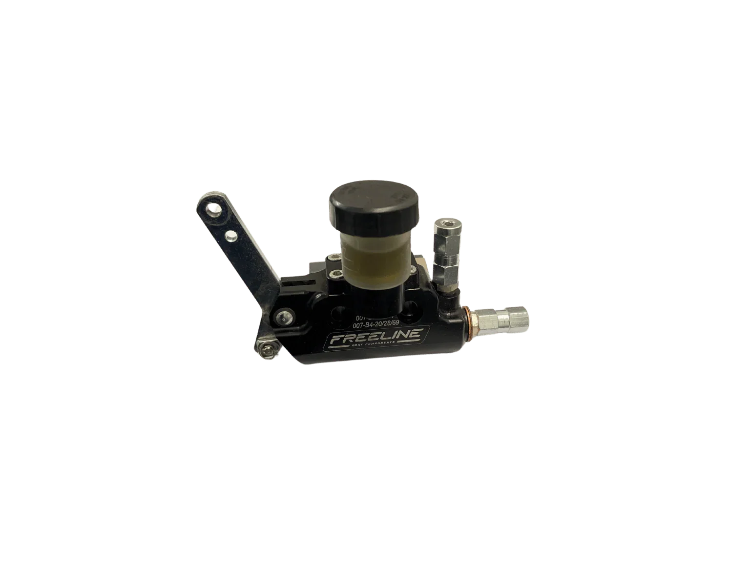 KartSim Freeline master cylinder assembly with brake fluid reservoir, mounting bracket, and hydraulic outlet fitting