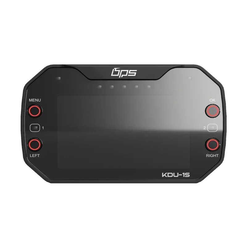 Front view of the KartSim KDU-1S Sim Luxx digital dash display, showing its LCD screen with menu, OK, left and right navigation buttons for kart racing simulators