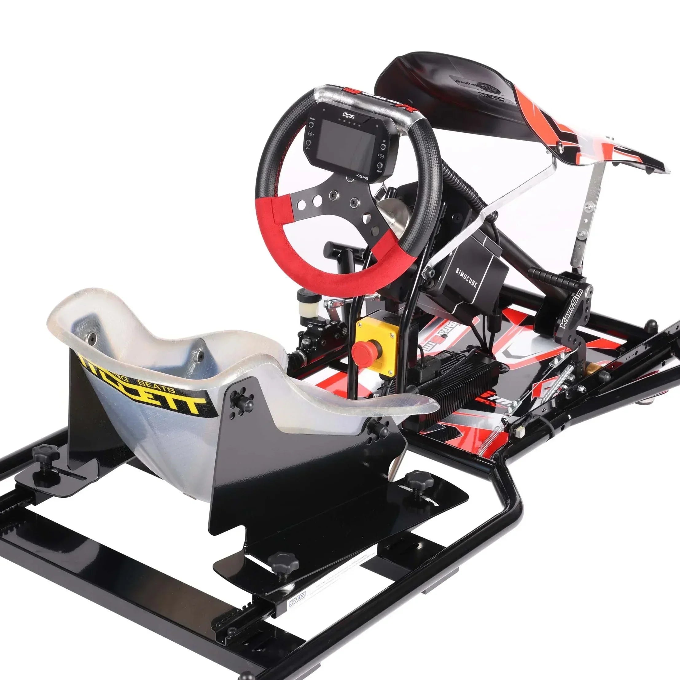 Close-up of the KartSim motion simulator featuring an integrated digital display unit mounted to the steering wheel, providing real-time telemetry such as lap times, gear position, and speed for advanced driver feedback.