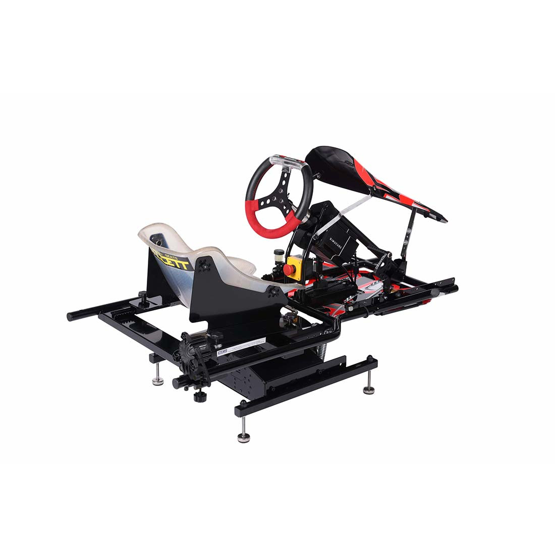 Angled rear view of the KartSim motion simulator chassis showing the seat vibration system module mounted beneath the Tillett racing seat