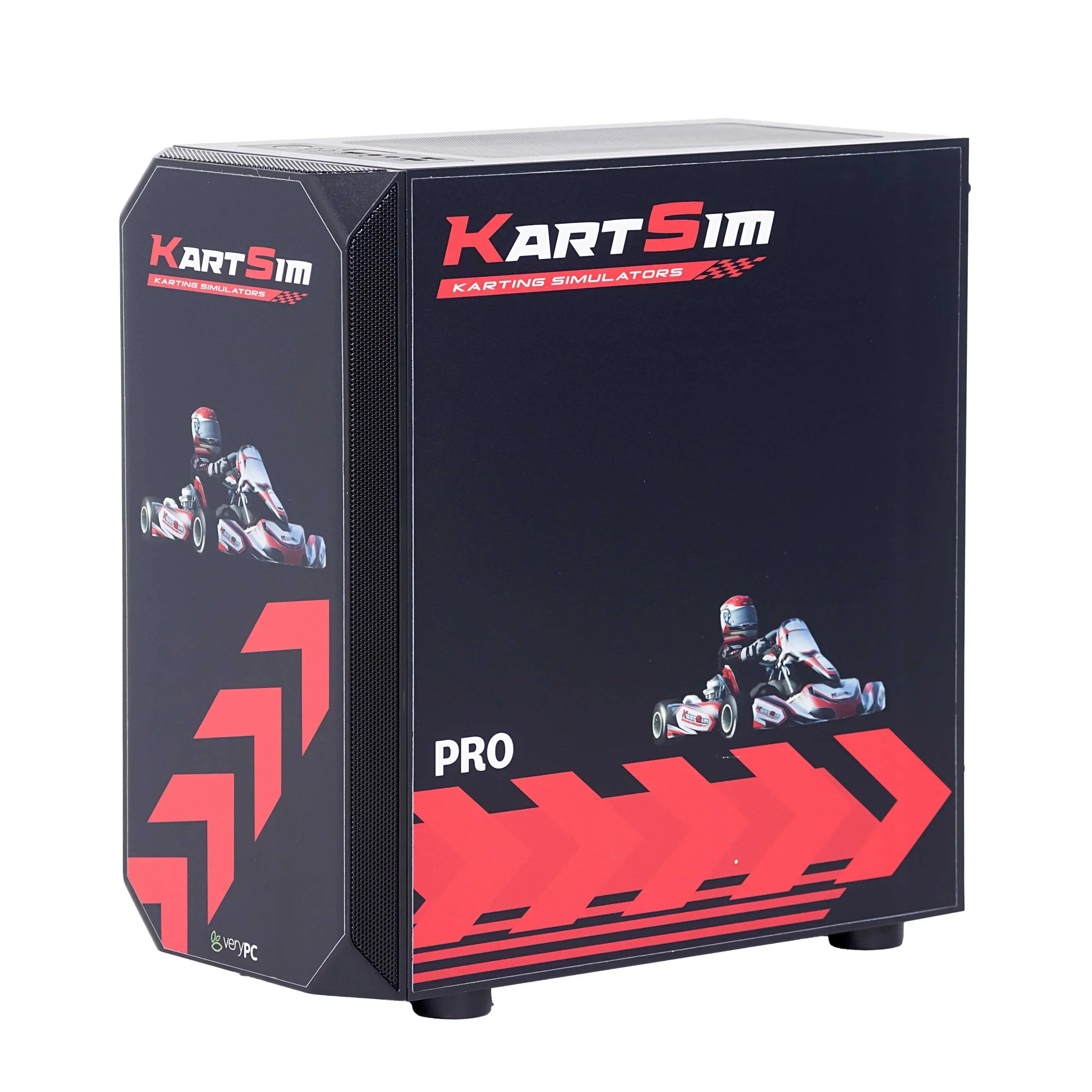 Pro gaming PC designed for kart simulator, featuring dynamic kart driver graphics for professional karting training.