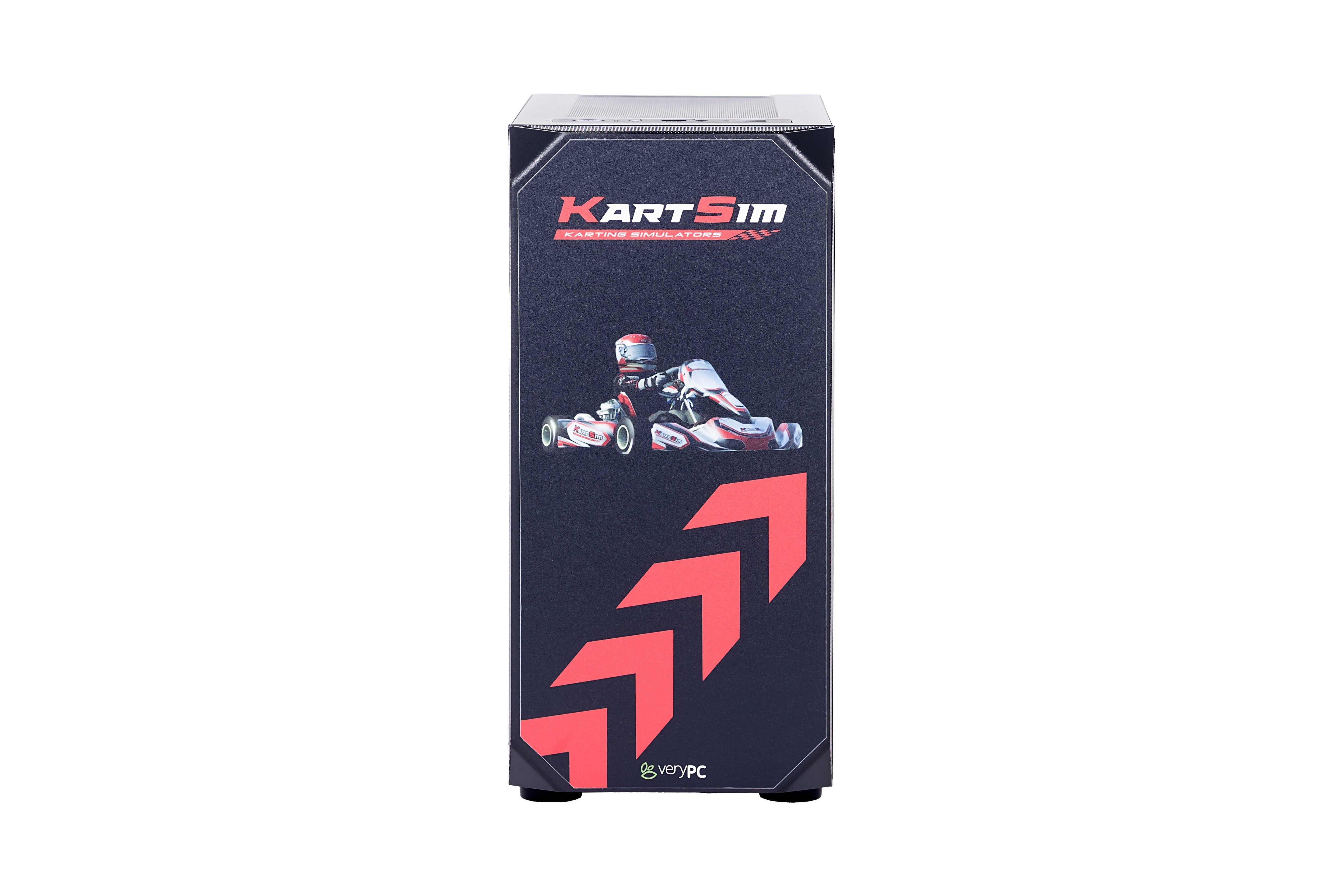 Professional kart simulator gaming PC tower with kart racing graphics for driver training realism