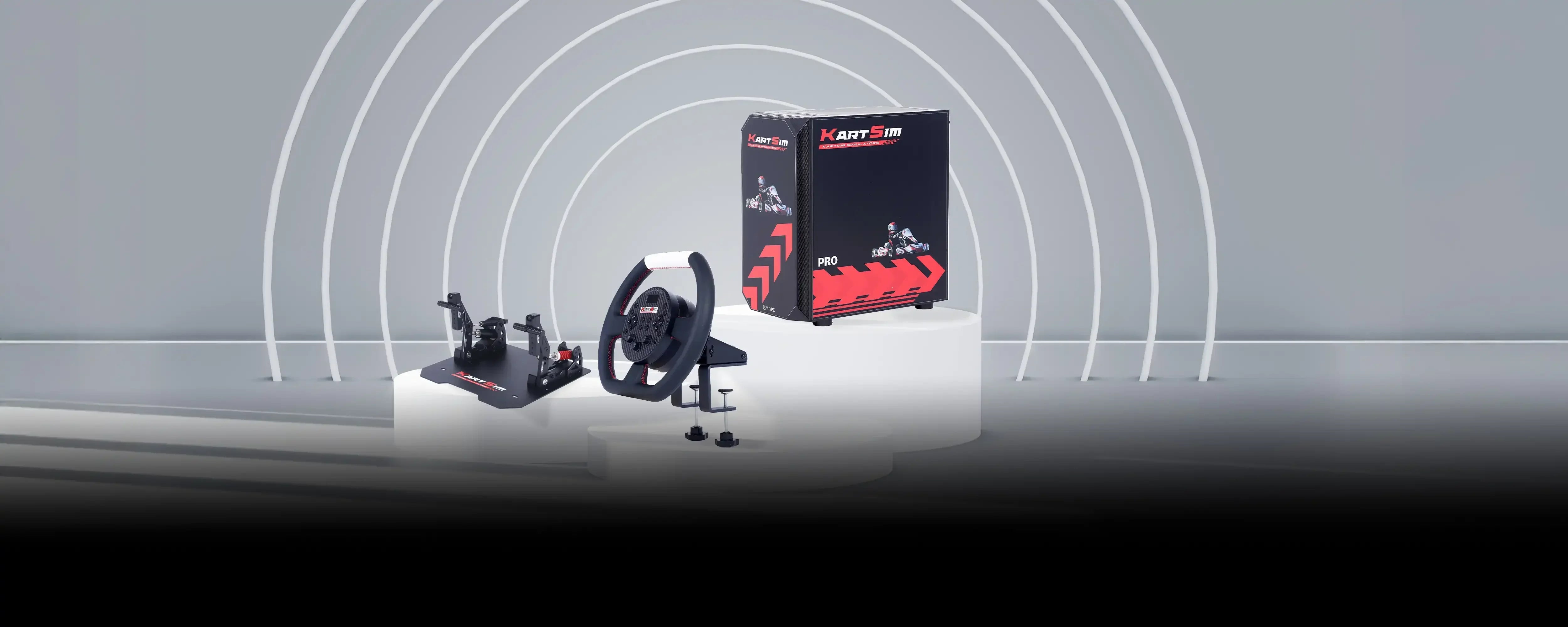 KartSim Pro hardware banner showcasing simulator setup with racing wheel, pedal set, and KartSim Pro system box designed for realistic karting simulation and driver training.