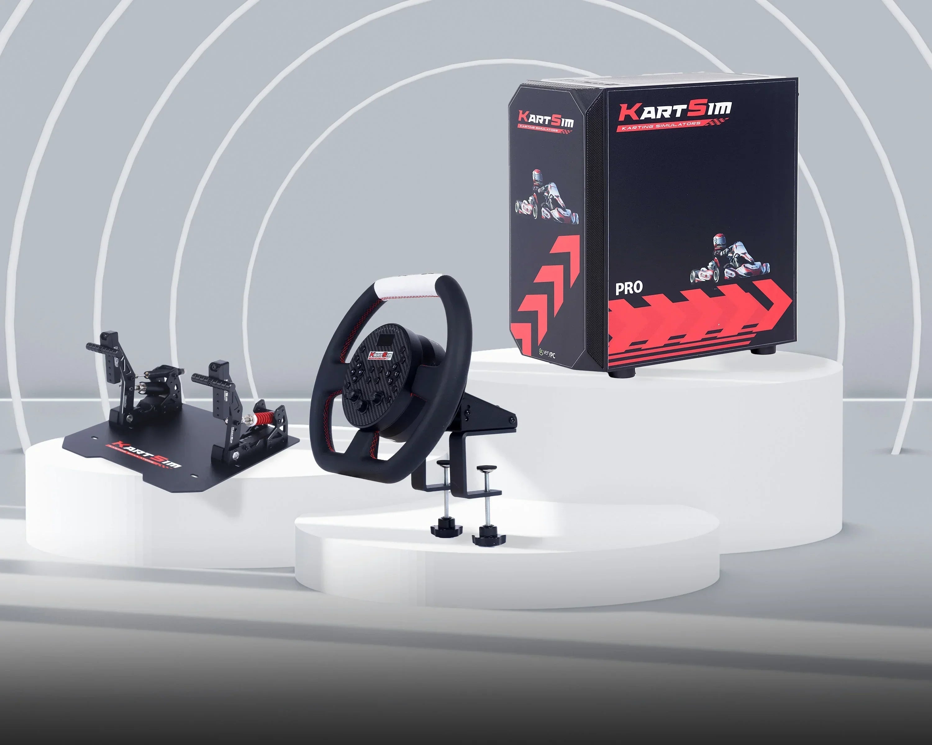 KartSim Pro hardware set displayed on a modern podium, featuring a high-grip racing wheel with paddle shifters, dual-pedal assembly, and branded packaging, designed for professional kart simulation setups.