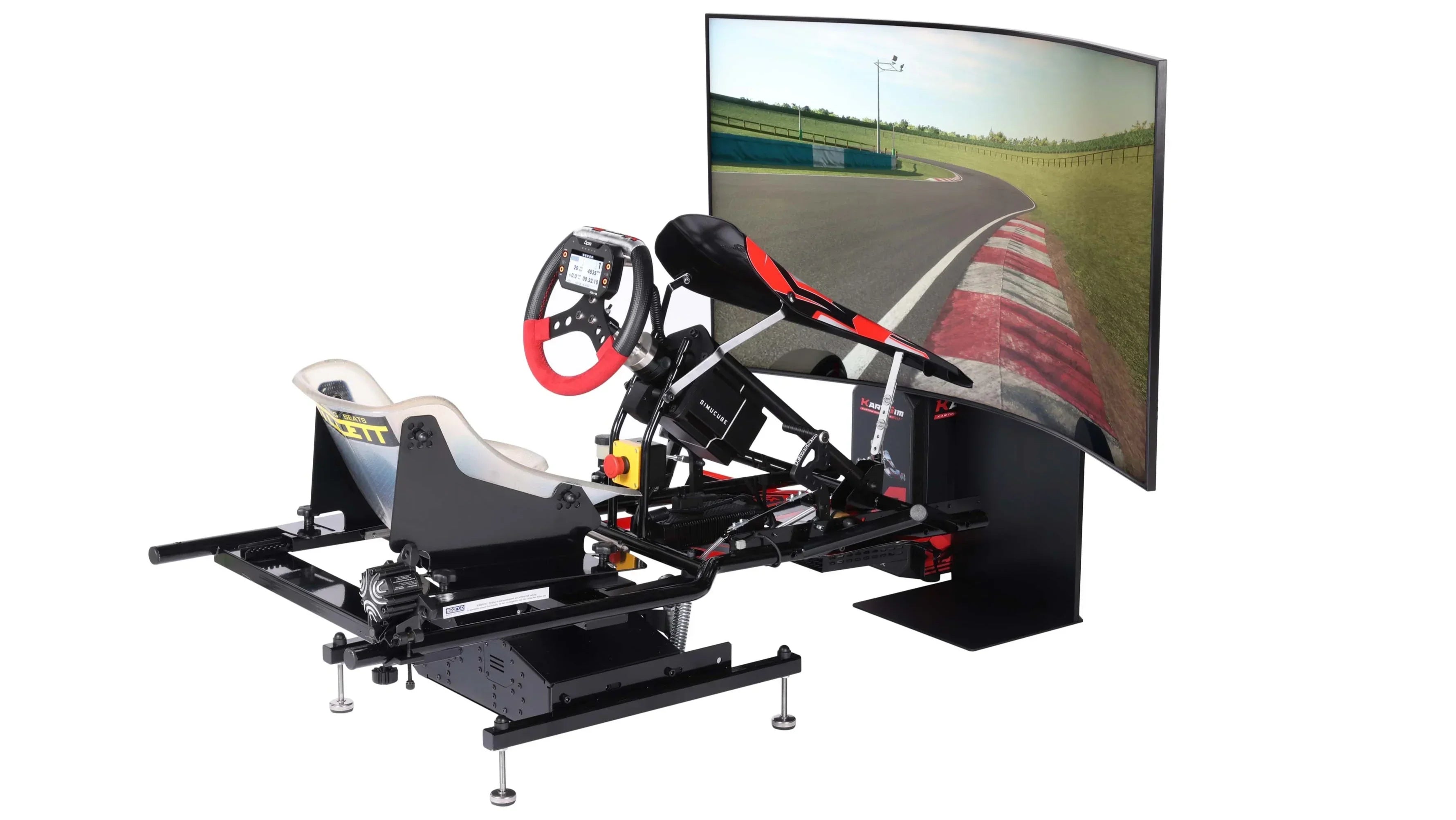 KartSim Pro Simulator with single curved monitor — professional training tool for kart racers featuring a 166 Hz seat-vibration system and digital steering-wheel display