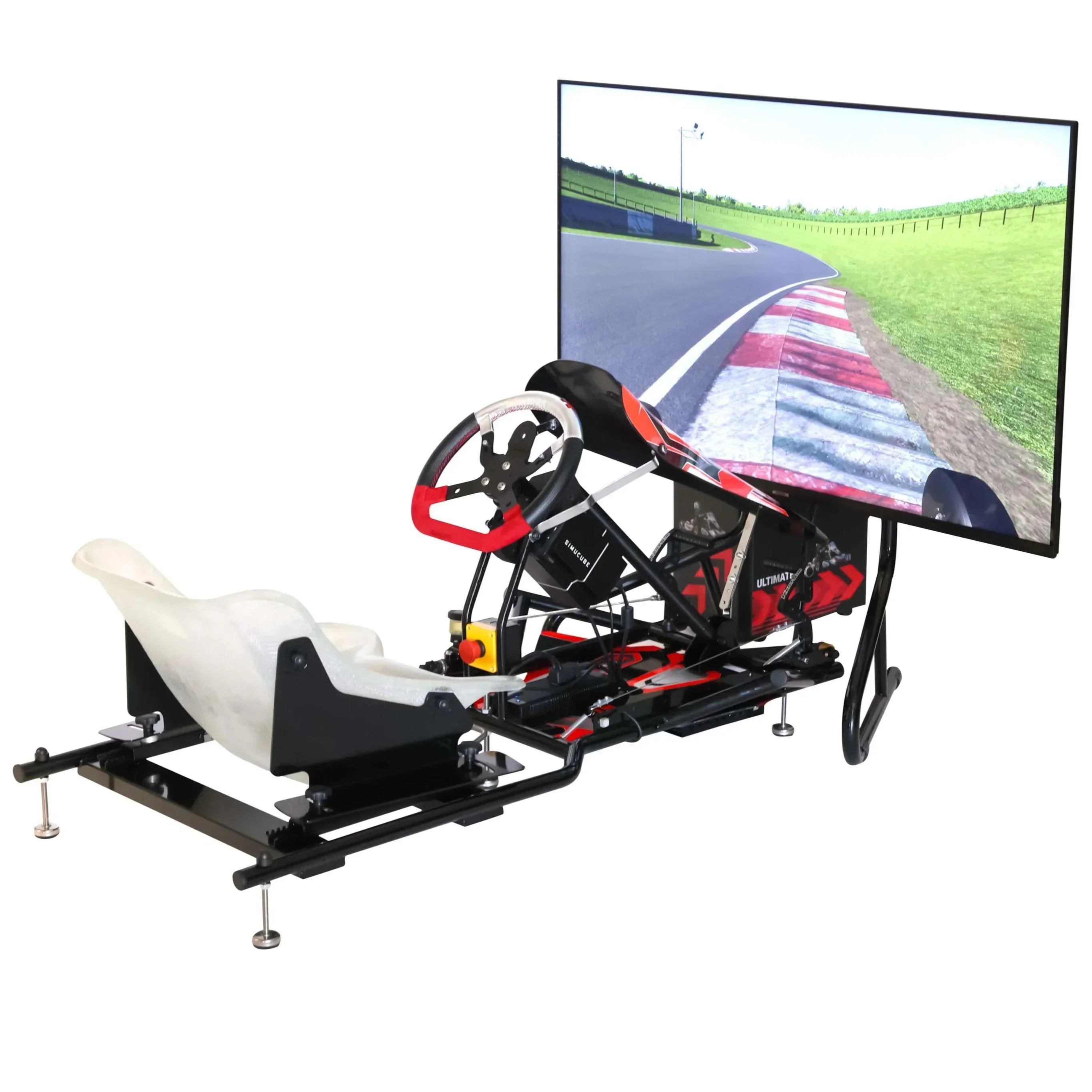 KartSim Pro racing simulator setup with Ultimate PC and single 55-inch 120Hz 4K screen, displaying a realistic racetrack. The simulator includes a full motion platform, kart-style chassis, and direct drive steering system for immersive training.