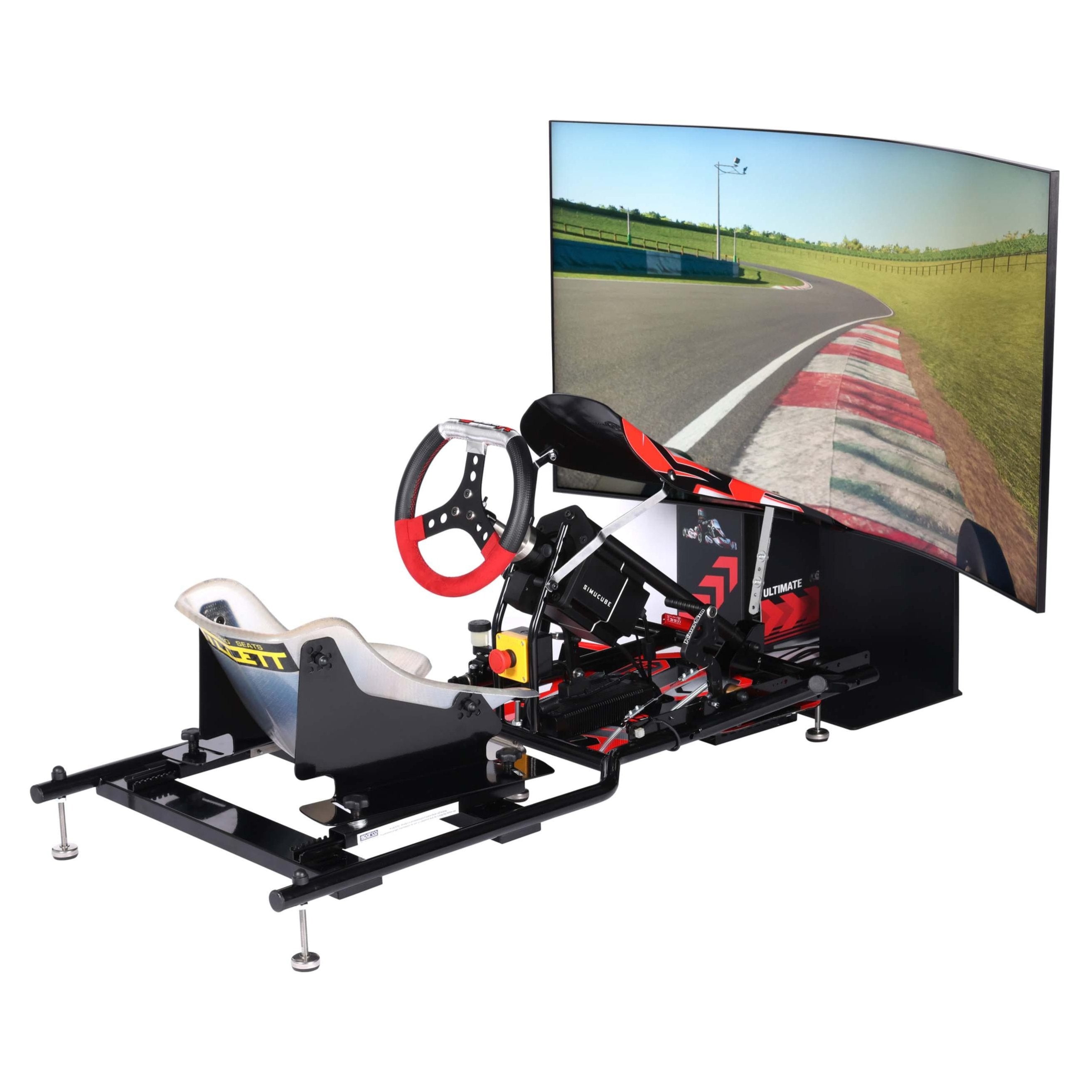 KartSim Pro simulator featuring a 165Hz ultra-wide curved screen, Ultimate PC, and a full motion rig with a real kart chassis, direct drive steering, and race pedals—designed for maximum immersion and realism in competitive karting simulation.