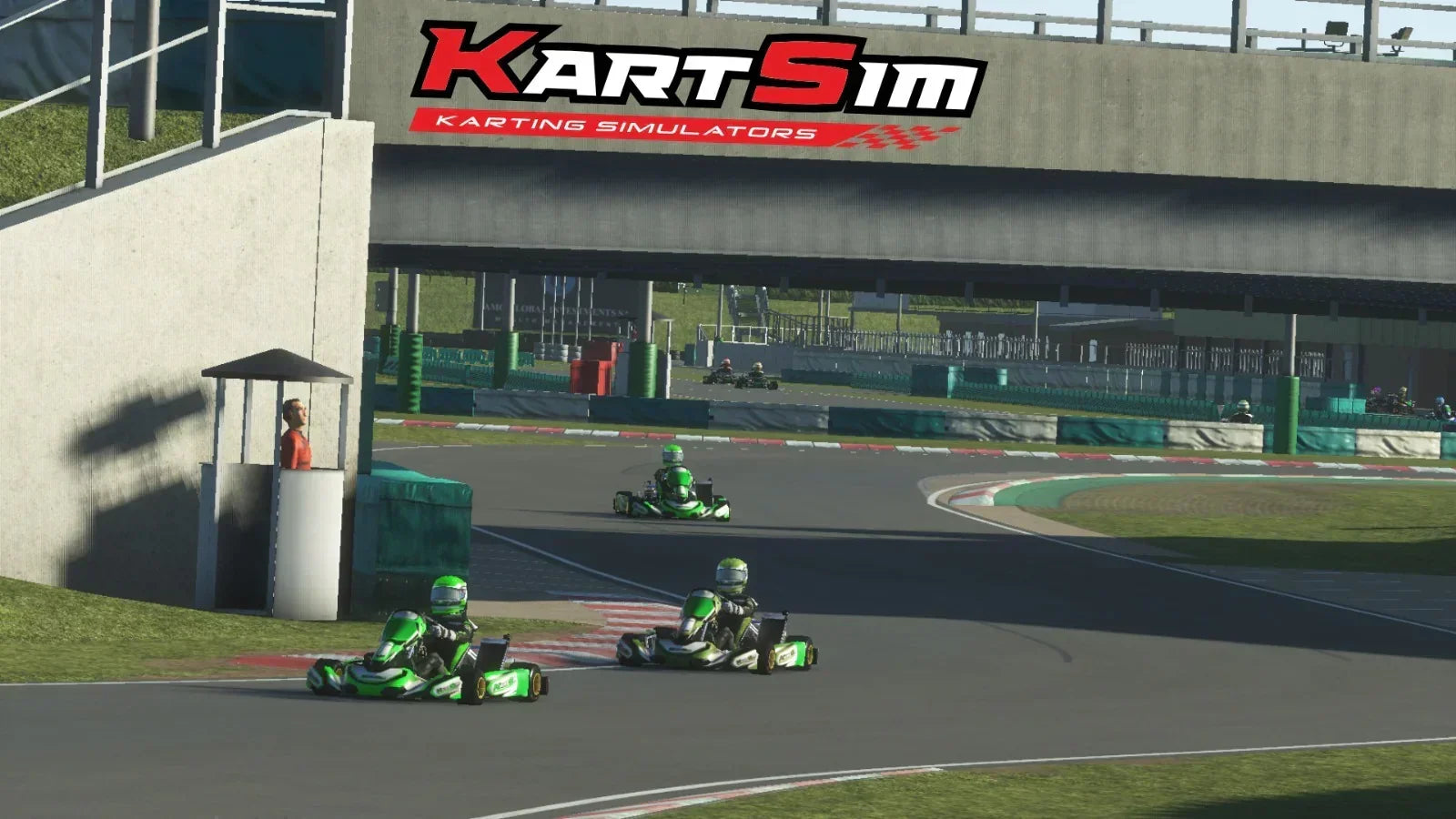 In-game screenshot from KartSim Pro UK software showing kart racers driving under a KartSim bridge banner at a realistic virtual circuit