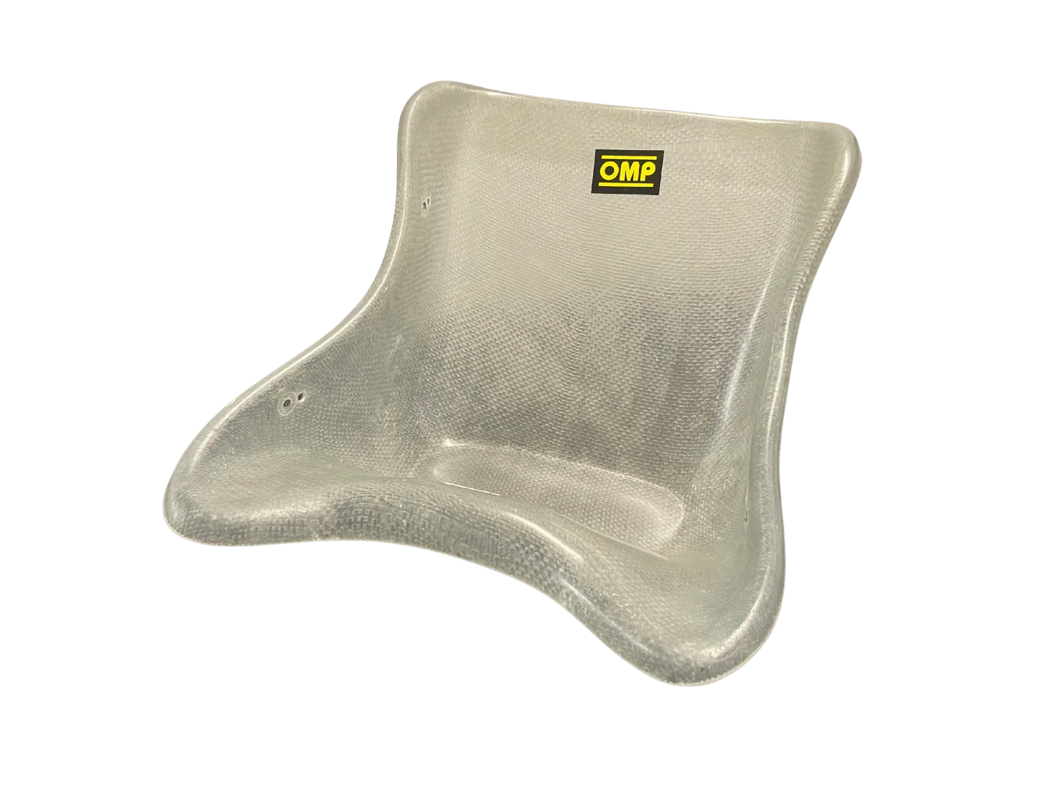 Angled view of the KartSim Senior fiberglass racing seat shell with OMP branding, designed for adult kart simulator chassis