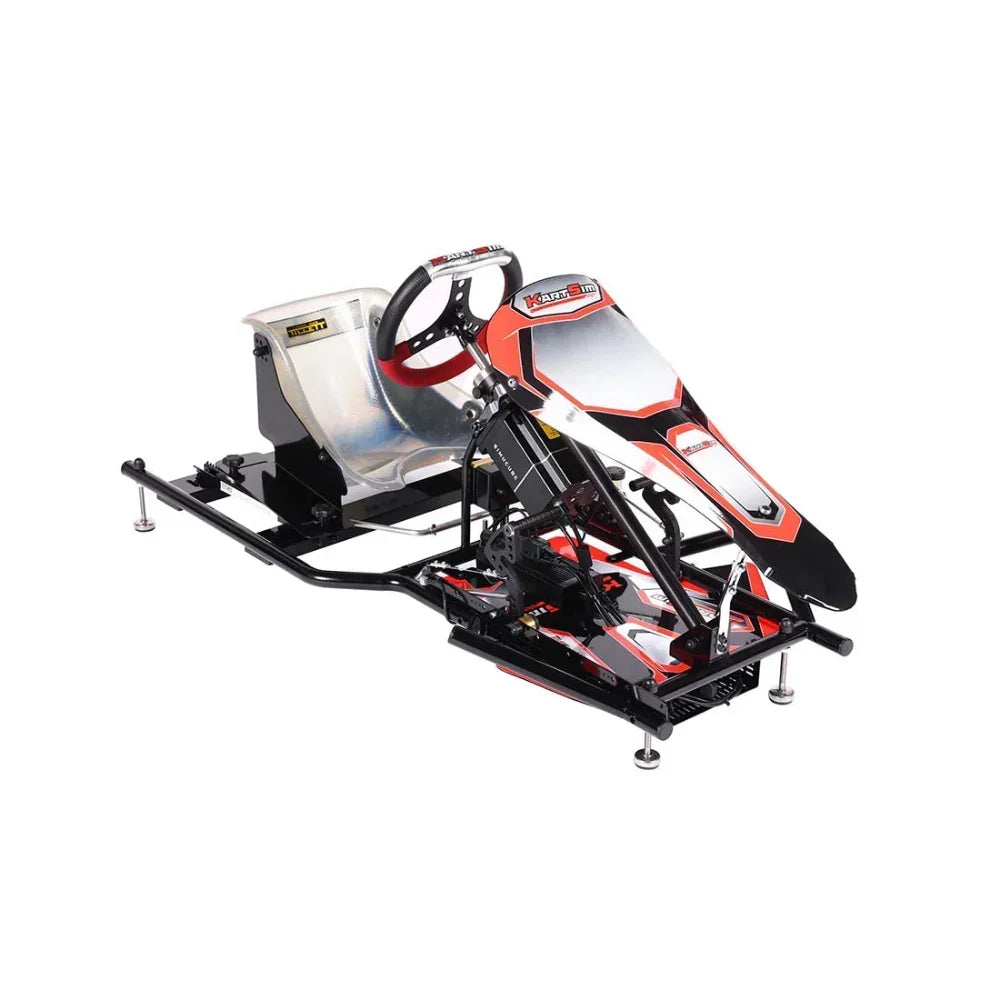 KartSim senior racing simulator chassis with steering wheel and pedal assembly on a white background