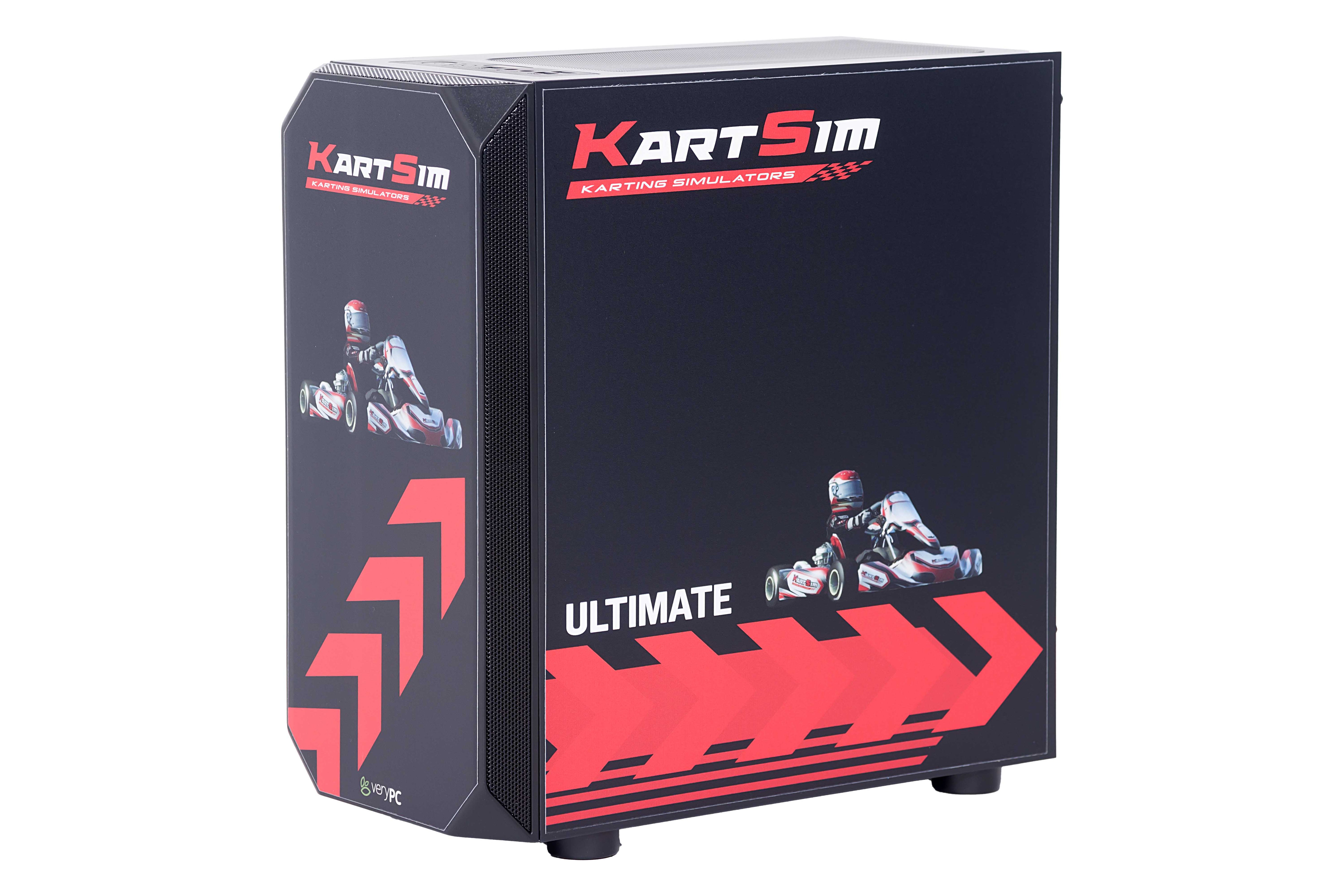KartSim Ultimate Gaming PC with custom black and red karting-themed case design, featuring KartSim branding and kart graphics, engineered for high-performance racing simulation.