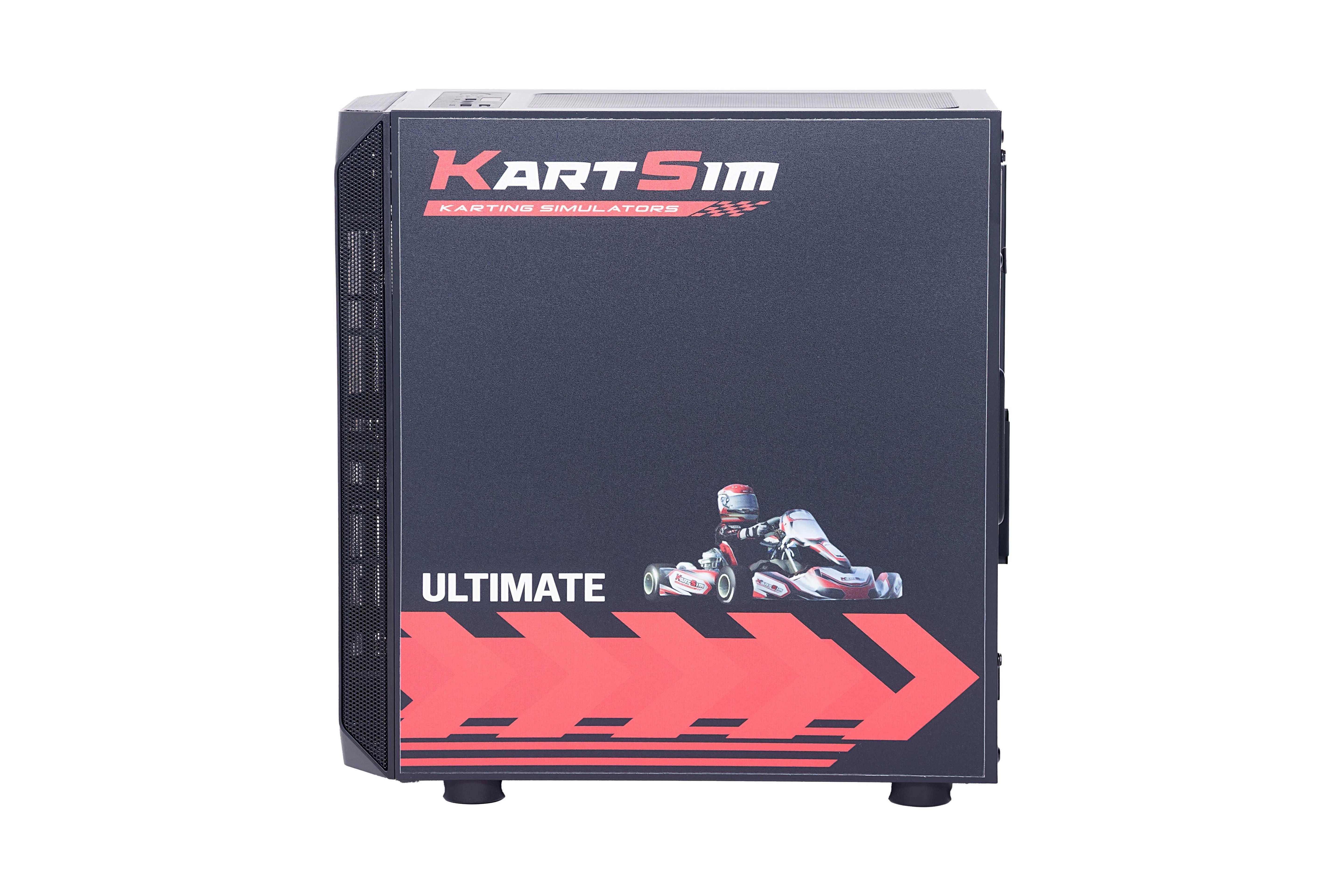 High-performance gaming PC tower for kart racing simulator with kart driver graphic and bold ULTIMATE branding