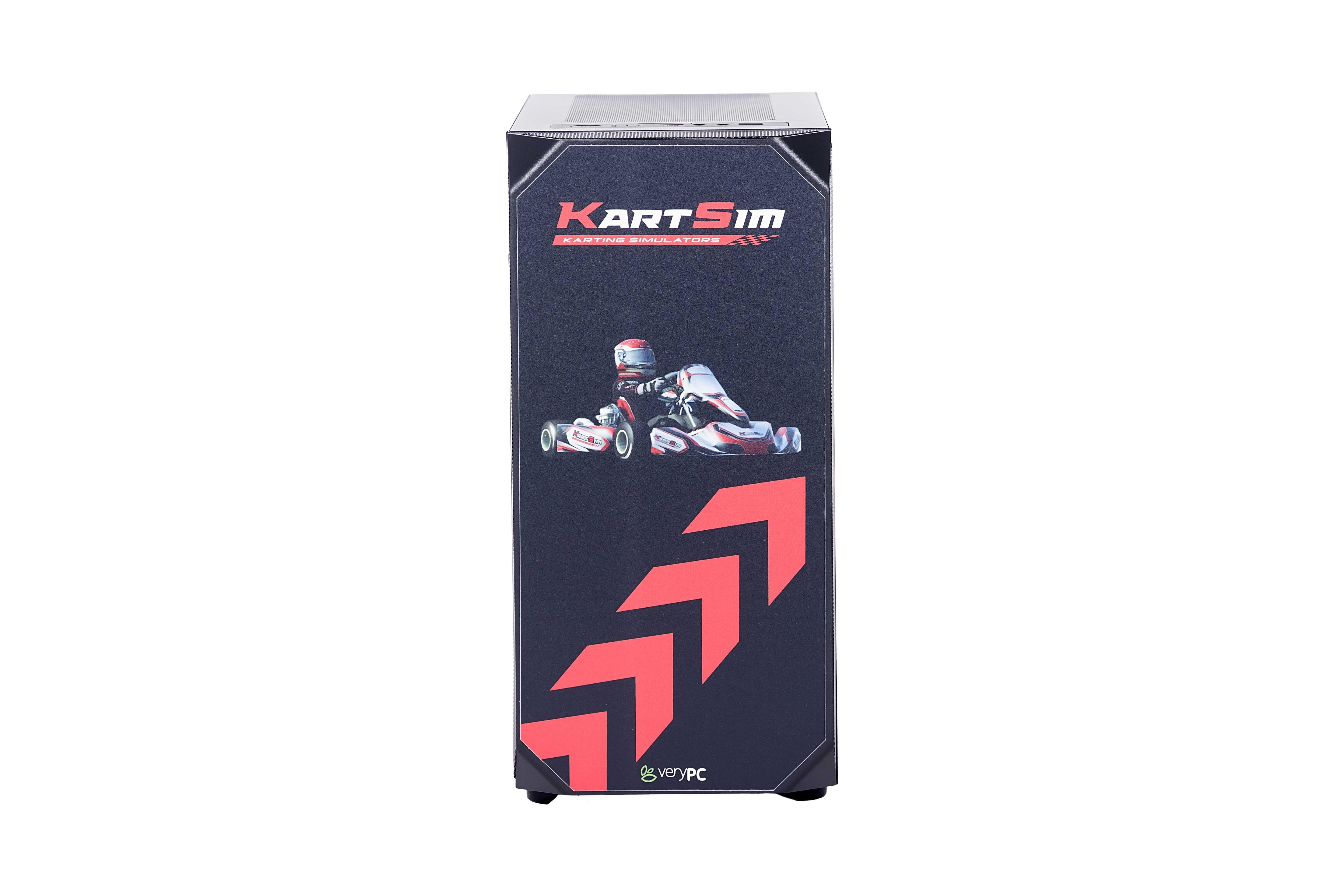 Kart racing simulator gaming PC case with professional kart driver graphic and red racing arrows