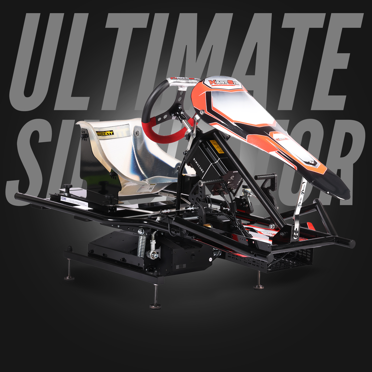 KartSim Ultimate Simulator with full-motion platform, featuring a realistic kart chassis, precision racing pedals, force-feedback steering wheel, and metallic racing seat for an immersive karting experience.