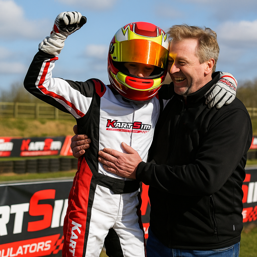 A karting driver in a white, black, and red KartSim racing suit and a red-and-yellow helmet raises their fist in celebration while hugging a smiling adult in a black jacket, with KartSim branding visible on the track barriers in the background.