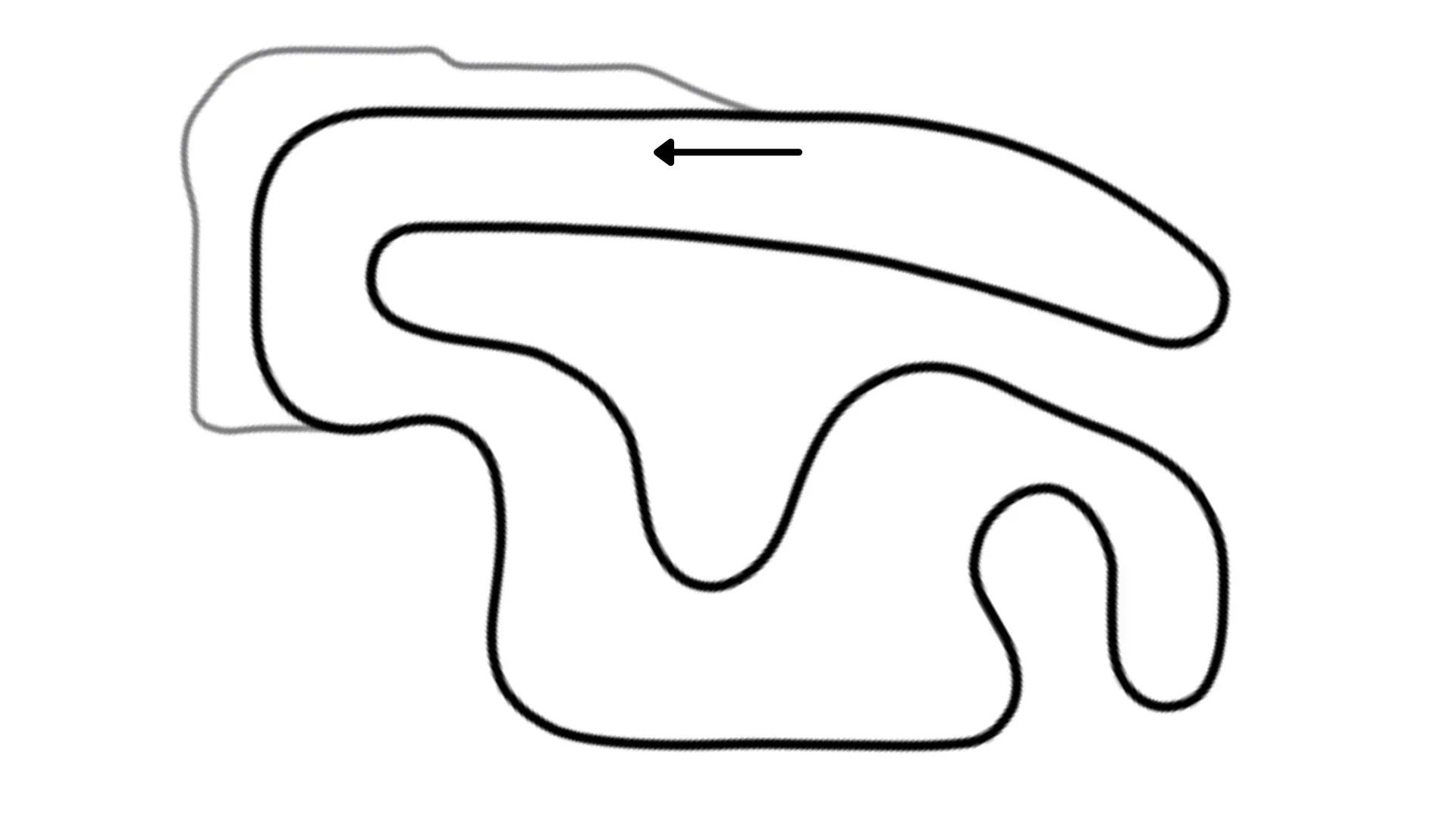 Overhead view of New Castle kart racing track layout in counter-clockwise direction with marked turns and racing line