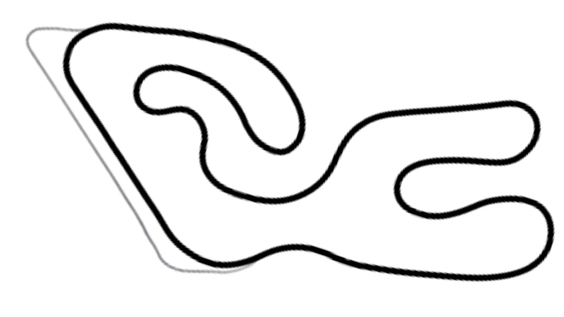 Black and white line drawing of Pitt Race L1 kart racing track layout with flowing corners and straights on white background for KartSim software