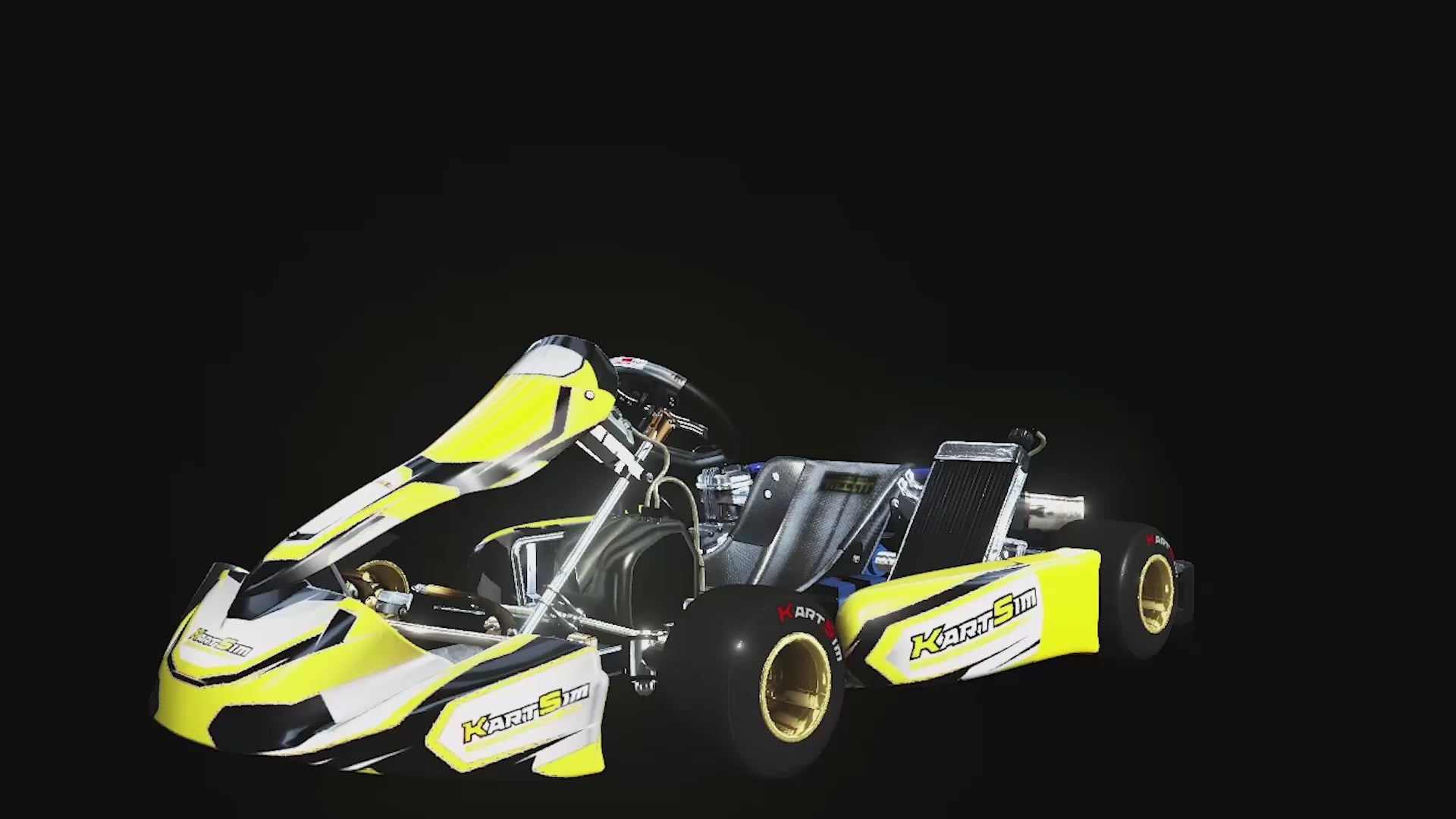 Load video: Rotating 3D model footage of KartSim IAME X30 US Senior kart simulator with detailed chassis, steering wheel, and components