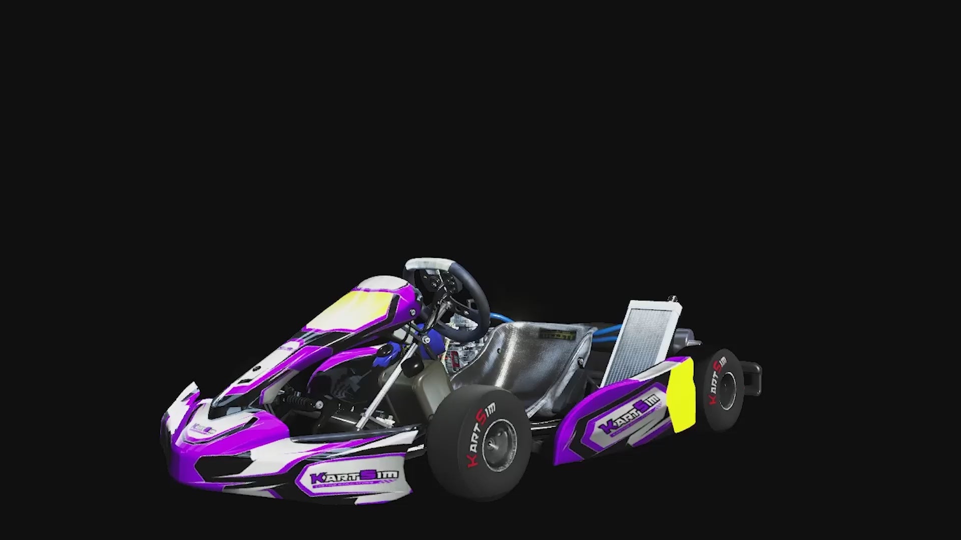 Load video: Rotating 3D model footage of KartSim IAME Swift Cadet US kart with detailed chassis, steering wheel, and components