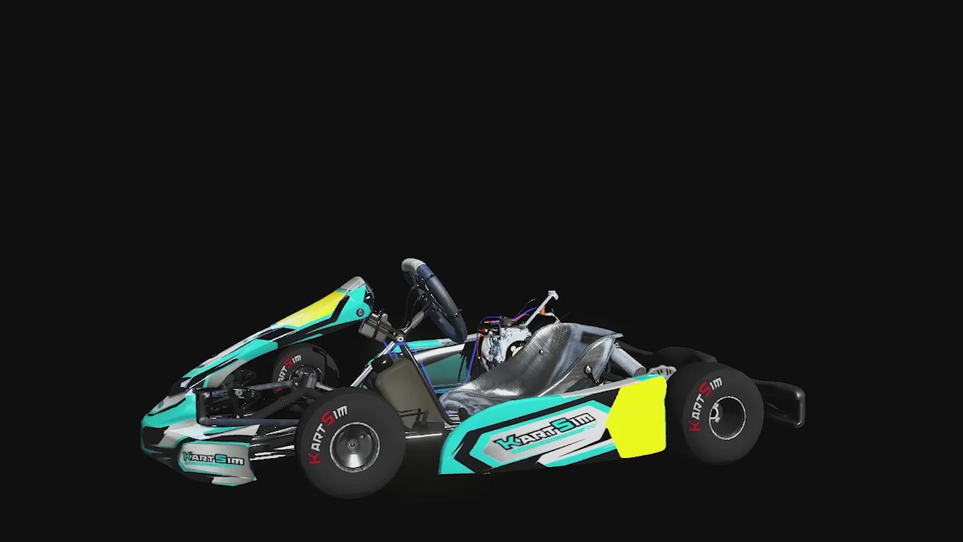 Load video: Rotating 3D model footage of KartSim Briggs Cadet US with detailed chassis, steering wheel, and components
