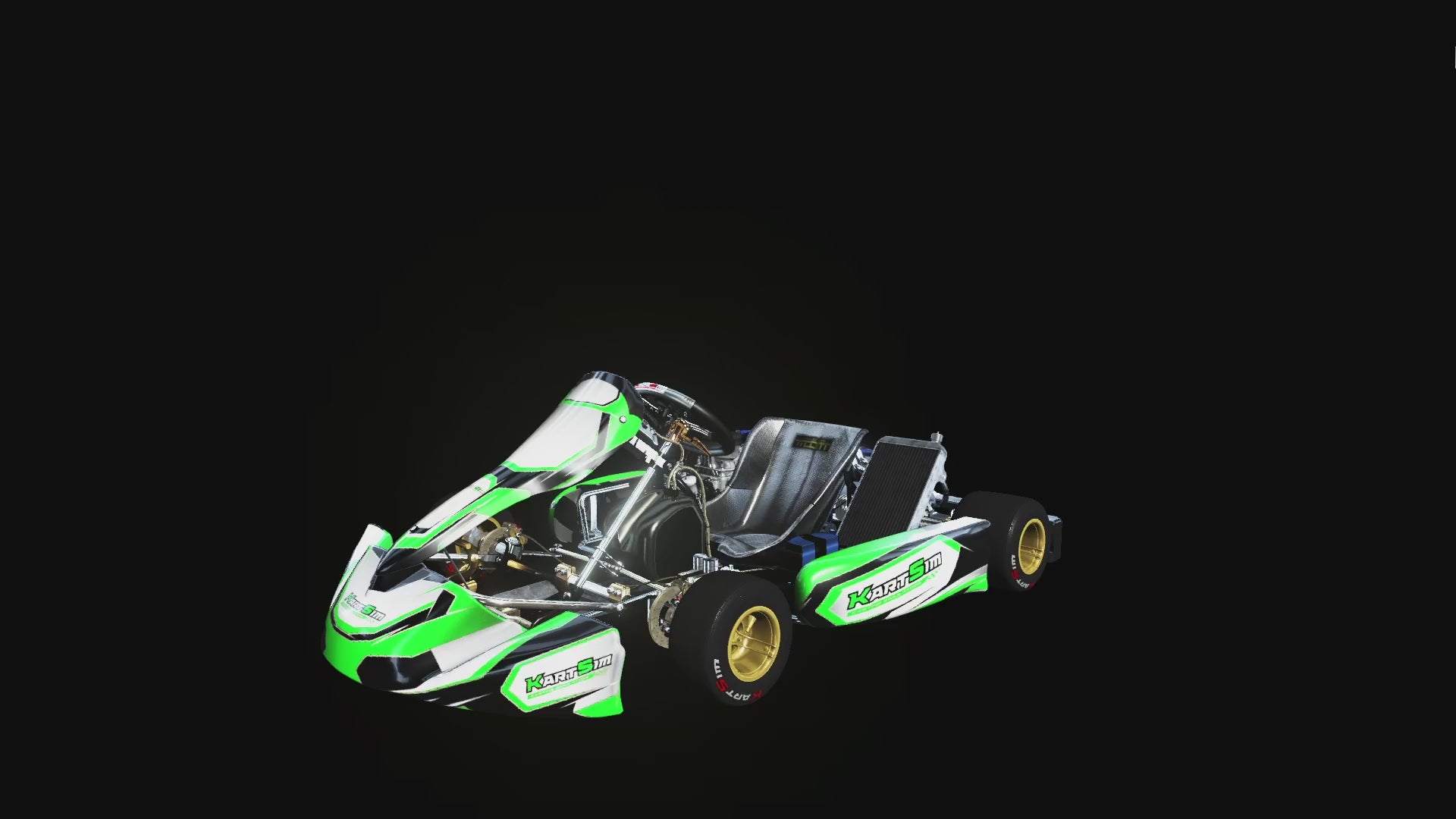 Load video: 3D model of a KartSim software racing go-kart in green and white, shown rotating on black background with detailed chassis and components