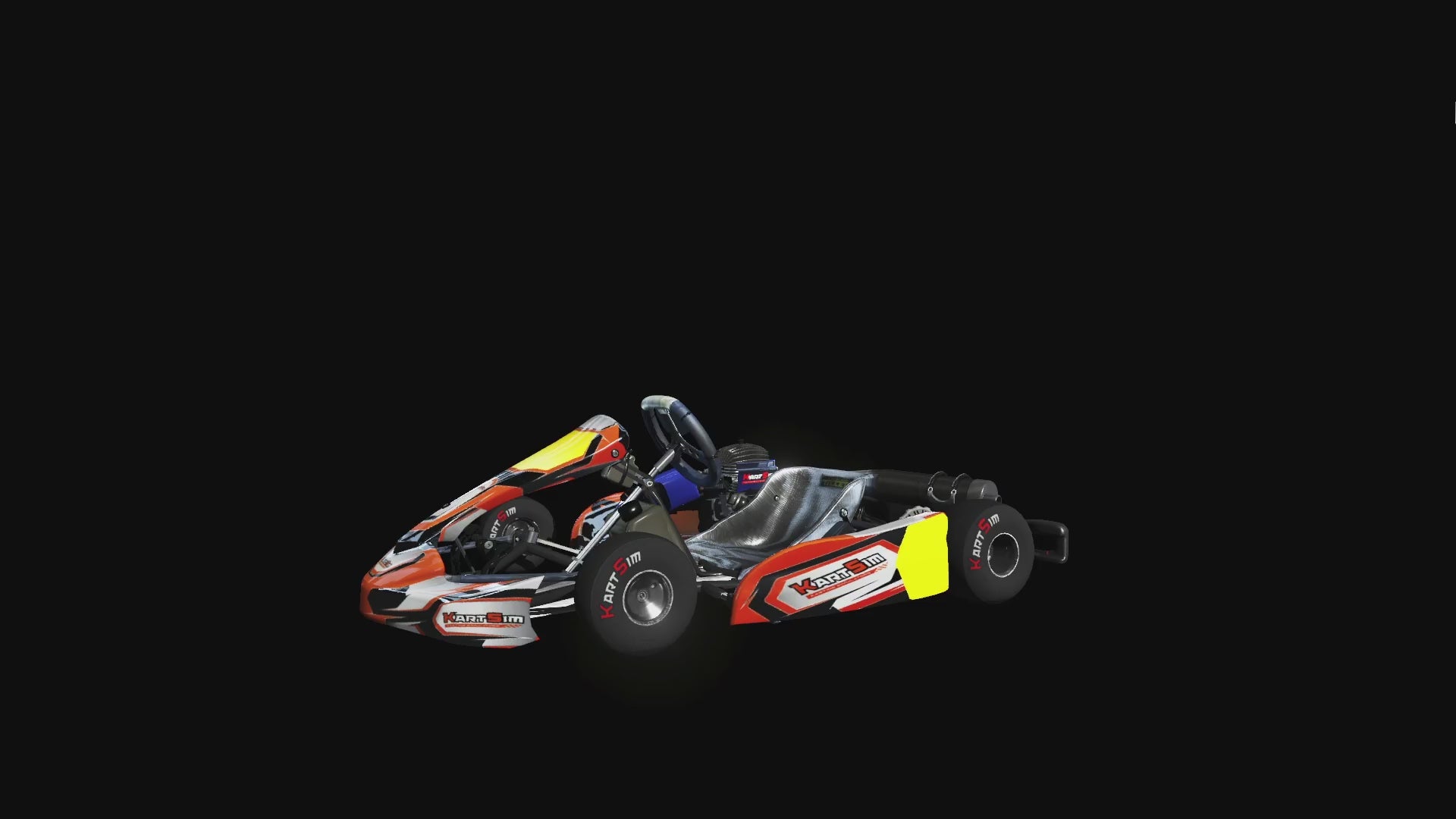 Load video: Dynamic rotating 3D view of KartSim’s Mini 60 EU go-kart model showcasing detailed chassis and components in KartSim Software.