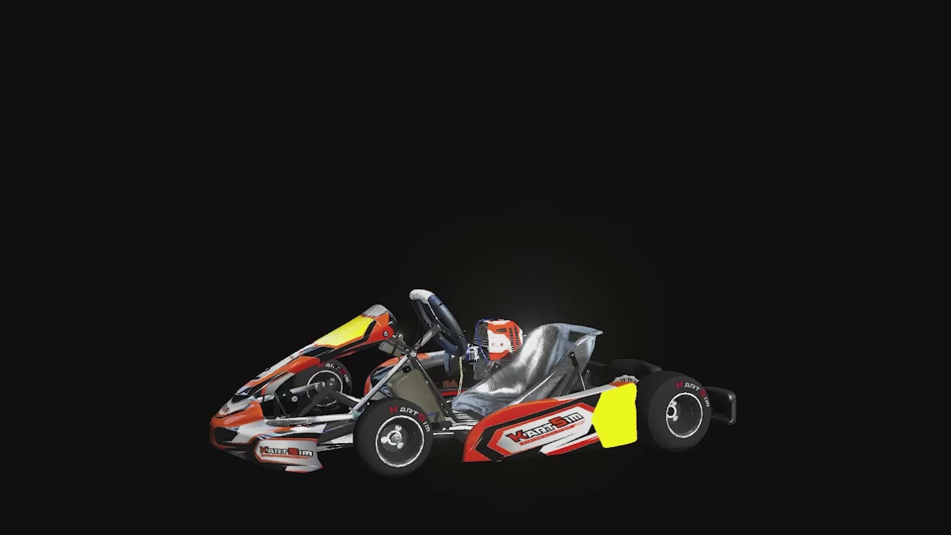 Load video: Rotating 3D model footage of KartSim IAME Kid Kart with detailed chassis, steering wheel, and components
