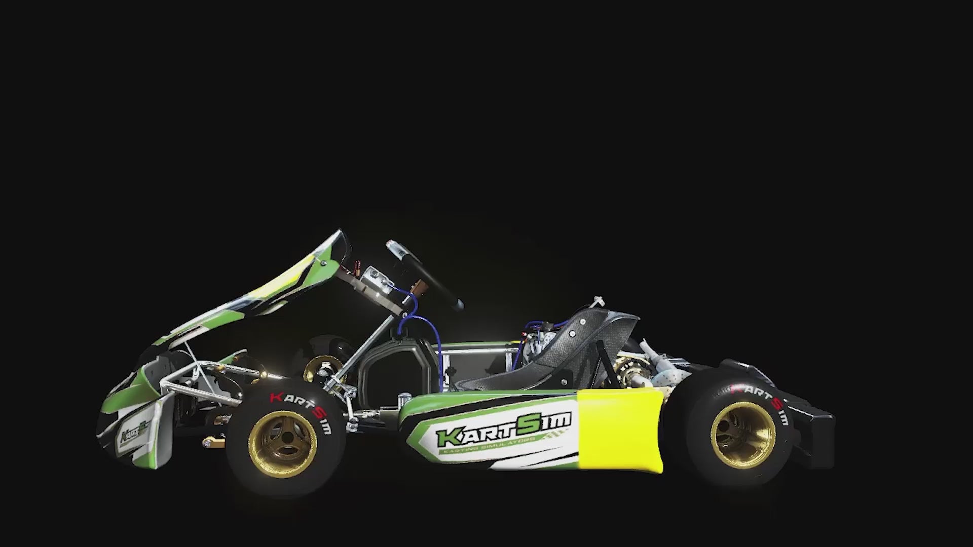 Load video: Rotating 3D model footage of KartSim Briggs 206 Junior kart with detailed chassis, steering wheel, and components