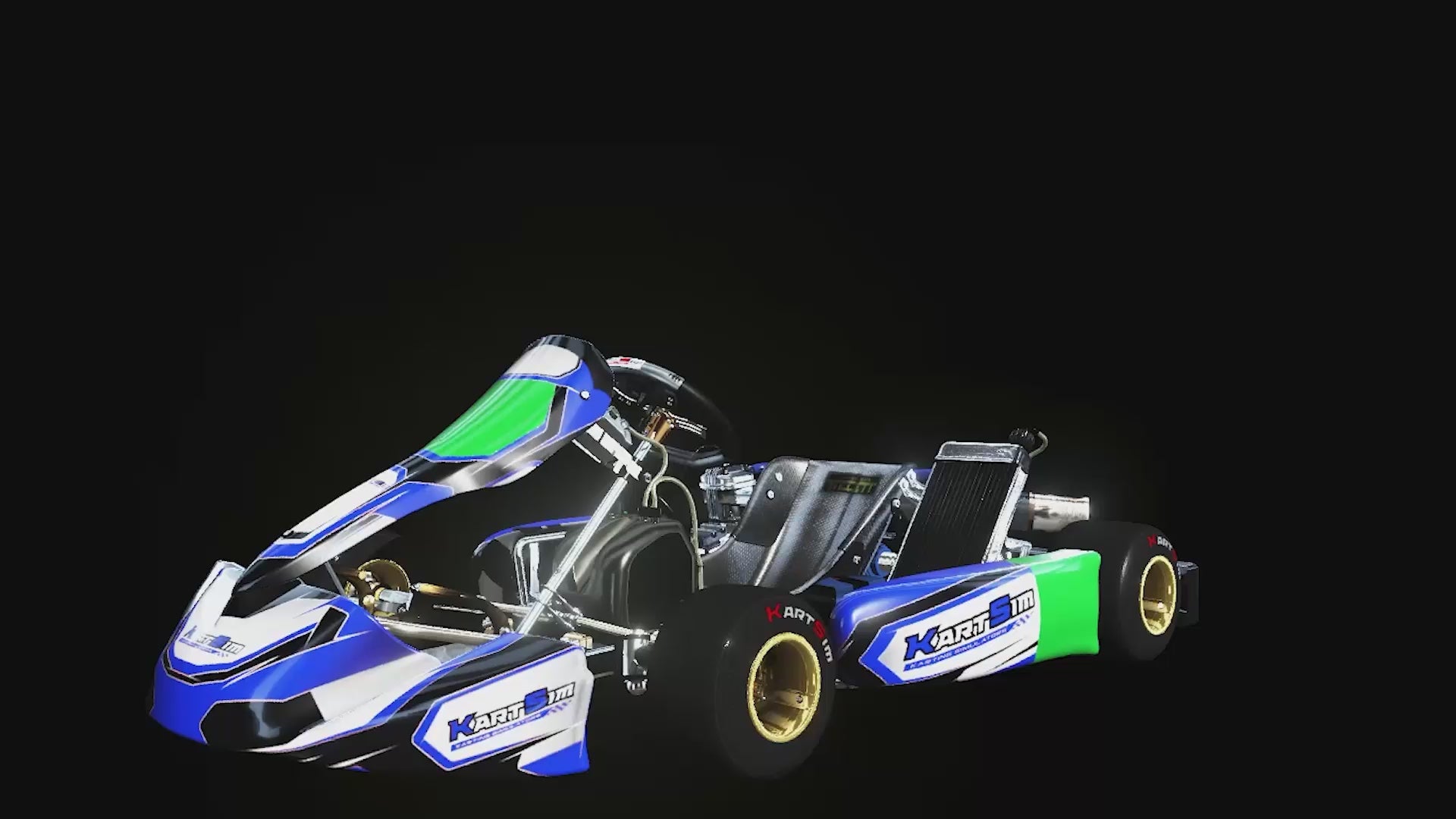 Load video: Rotating 3D model footage of KartSim IAME Junior X30 US kart with detailed chassis, steering wheel, and components