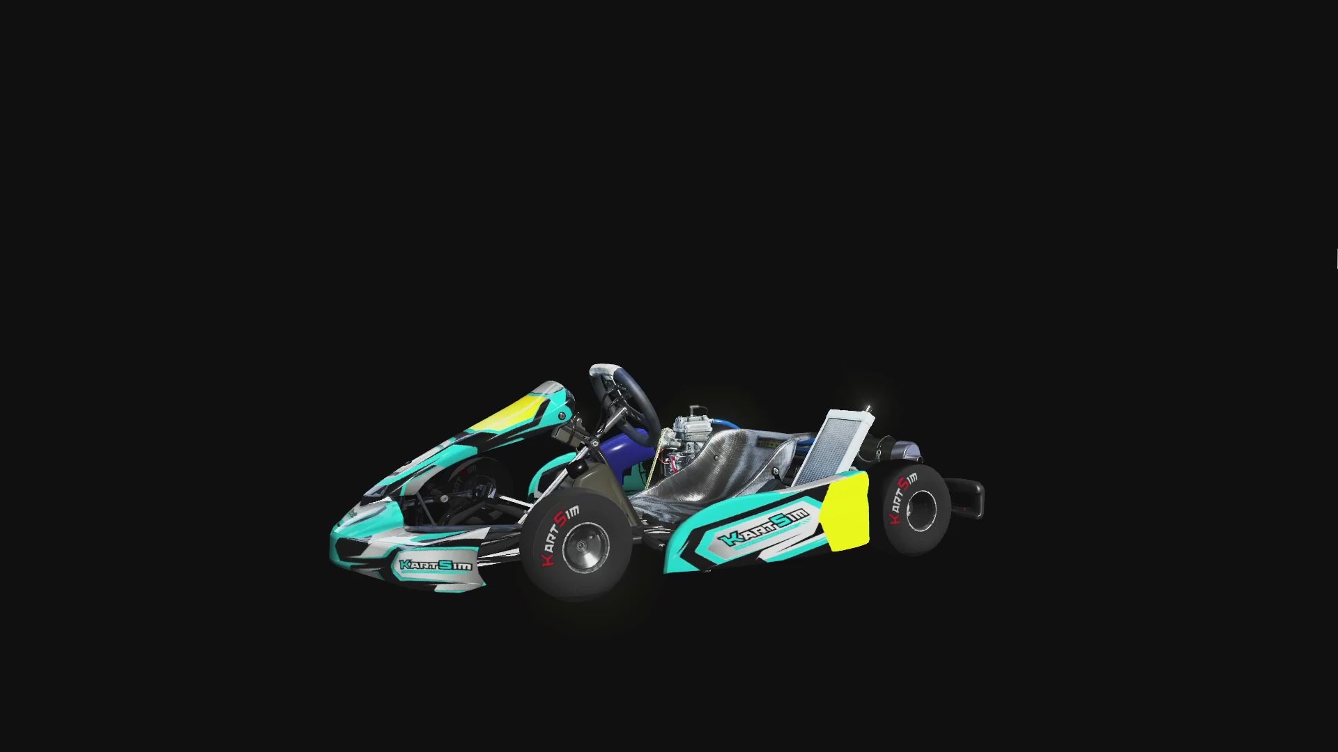 Load video: High-speed simulation of KartSim software showing an Mini X30 EU virtual kart racing on a detailed track with dynamic lighting and physics.