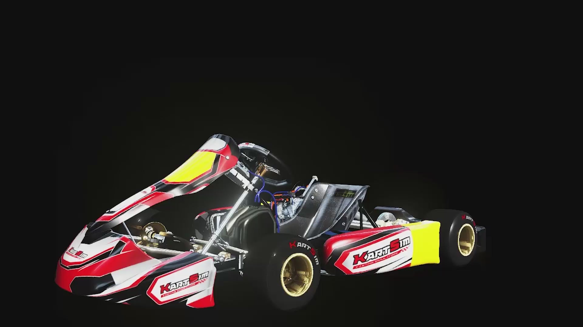 Load video: Rotating 3D model footage of KartSim Briggs 206 Senior with detailed chassis, steering wheel, and components