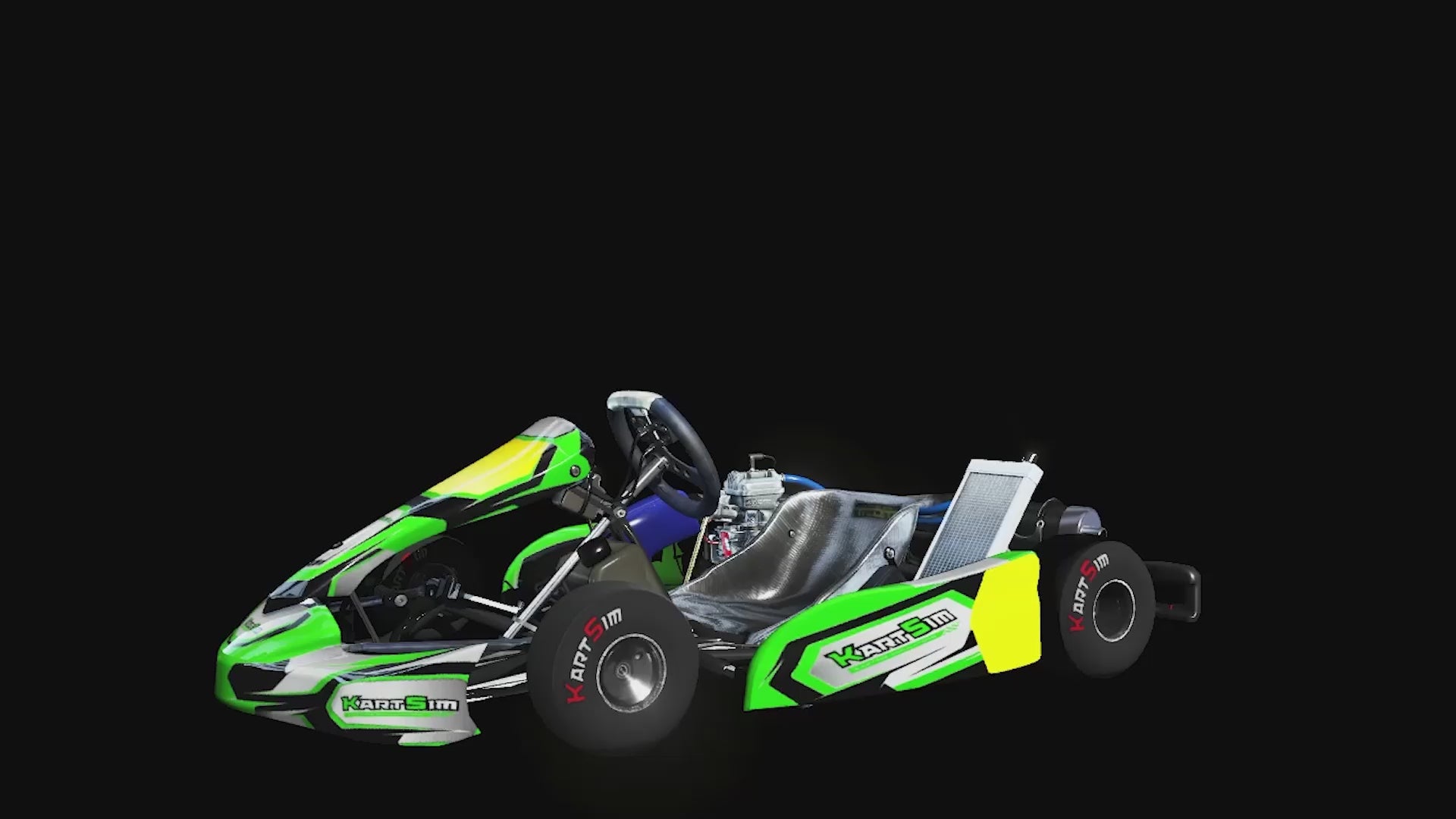 Load video: Rotating 3D model footage of KartSim IAME Micro Swift Cadet kart with detailed chassis, steering wheel, and components