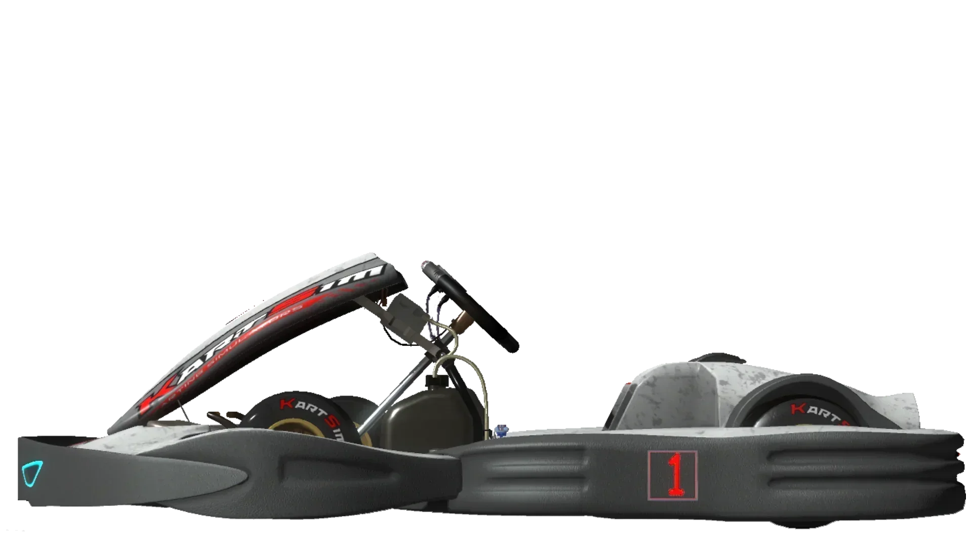 Side profile render of a UK-spec rental kart from KartSim Pro UK software, featuring a full wraparound impact-resistant bodywork system, enclosed side pods, padded seat, fixed steering column, and slick tyres with KartSim branding, designed for endurance and arrive-and-drive karting.