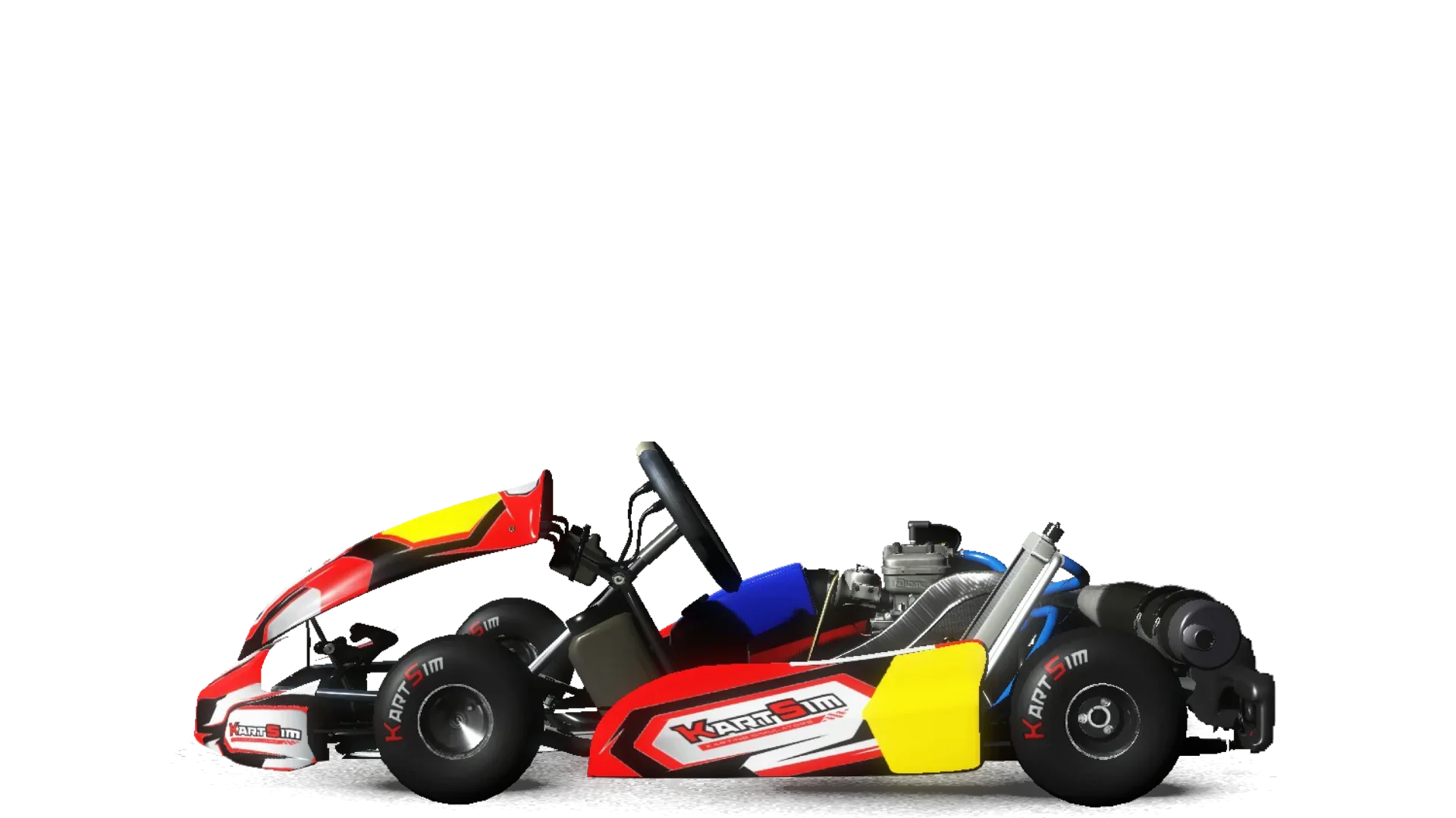 Side profile render of a Rotax Max Senior UK-spec kart from KartSim Pro UK software, featuring a full-size senior chassis, CIK-FIA Nassau panel and side pods, Rotax 125 MAX engine with radiator, exhaust and airbox, slick racing tyres with KartSim branding, and yellow Nassau panel compliant with UK Rotax class regulations.