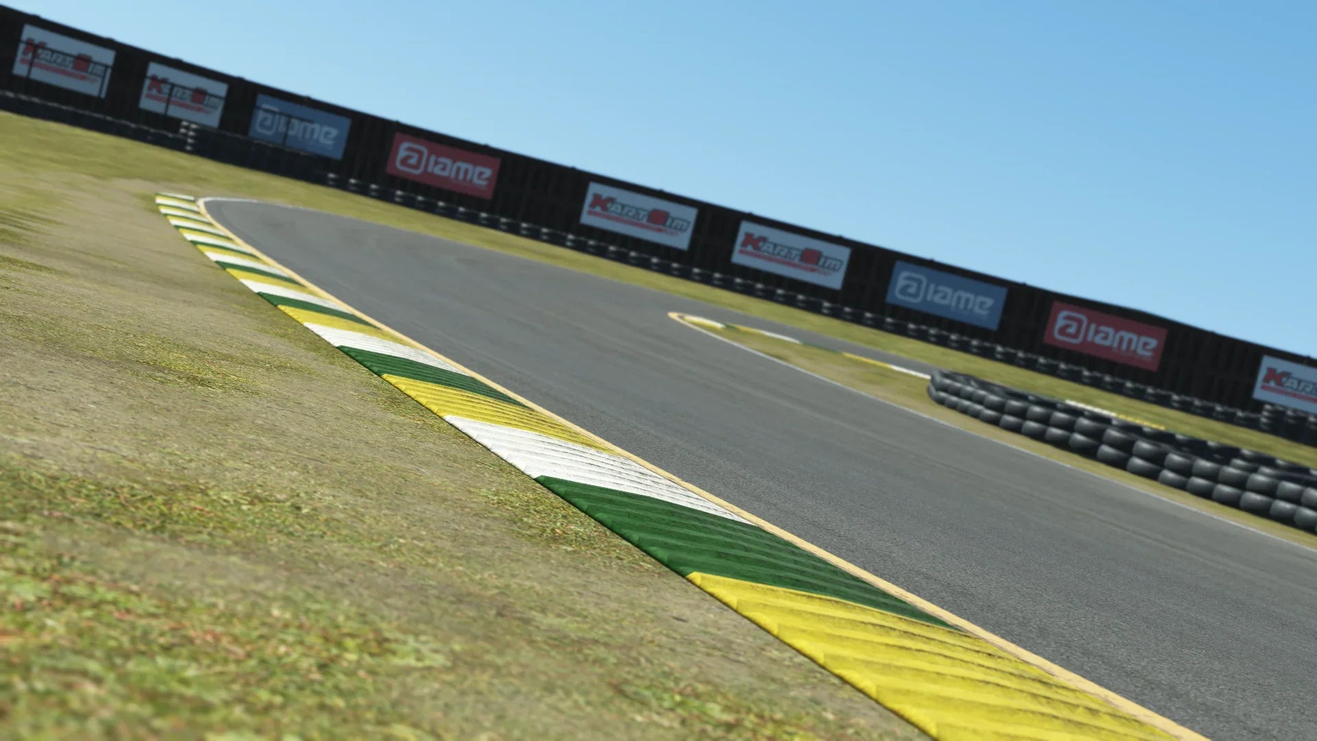 Close-up of Sonoma karting track curb – green, yellow, and white apex detail with sponsor boards and tire wall