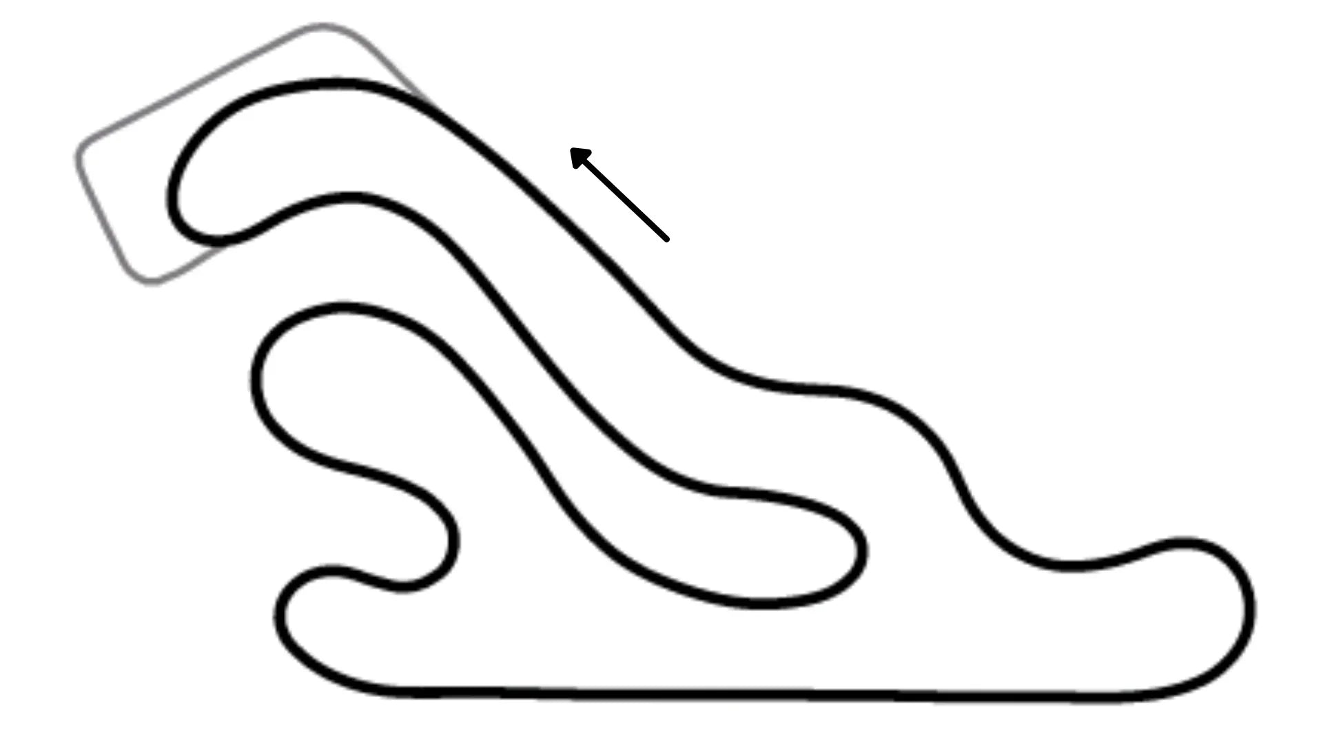 Overhead view of Speedsportz kart racing track layout in counter-clockwise direction, featuring technical turns and open green spaces