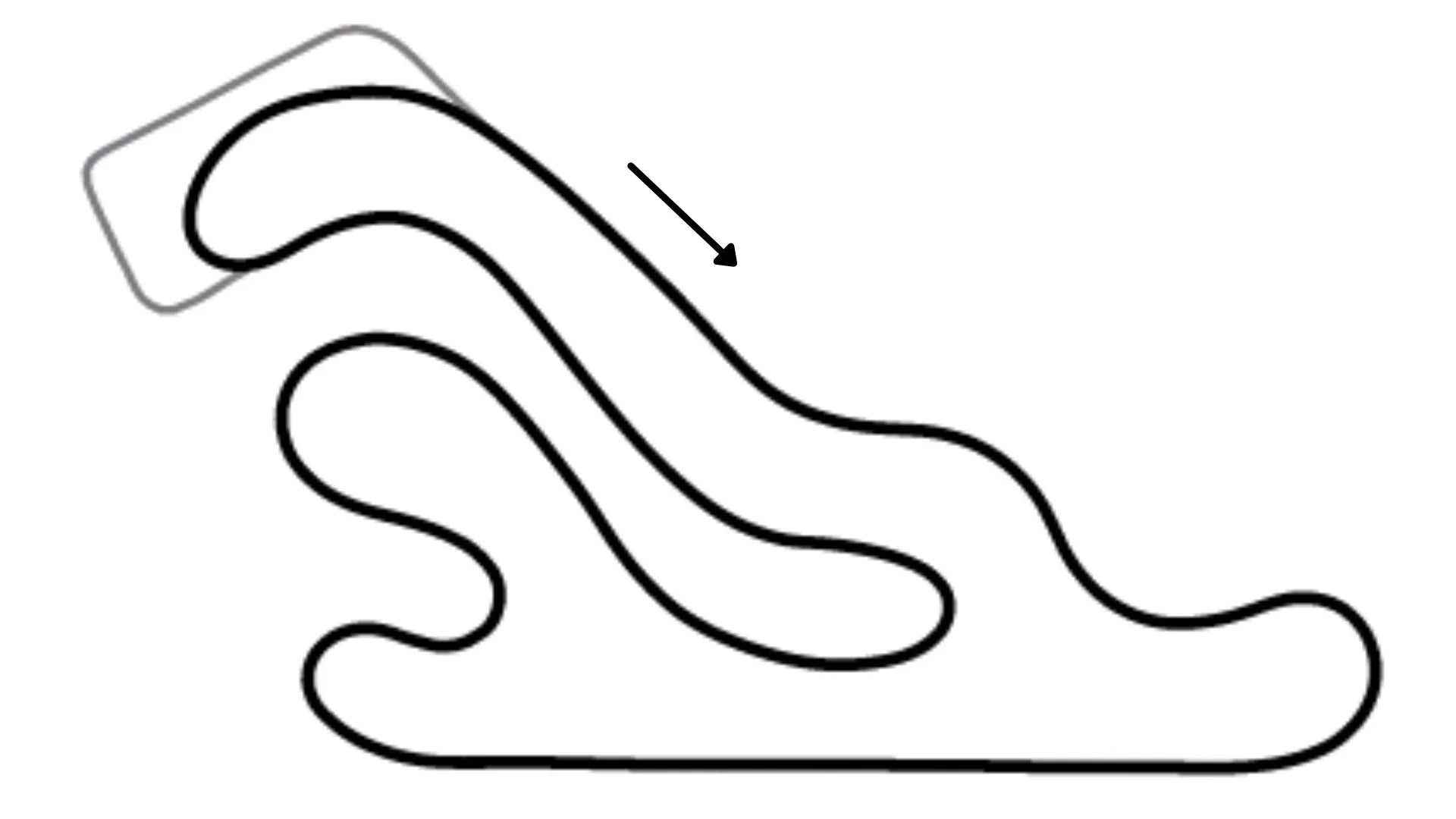 Aerial view of Speedsportz kart racing track layout running clockwise featuring multiple corners and green surroundings