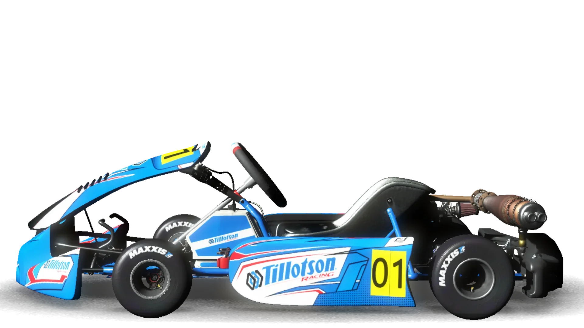 Side profile render of a Tillotson T4 Senior UK-spec kart from KartSim Pro UK software, featuring a 4-stroke Tillotson TPP-225RS engine, full CIK bodywork, Nassau panel, side pods, rear bumper, Maxxis slick tyres, and blue racing livery with number 01 panel, compliant with UK T4 class regulations.