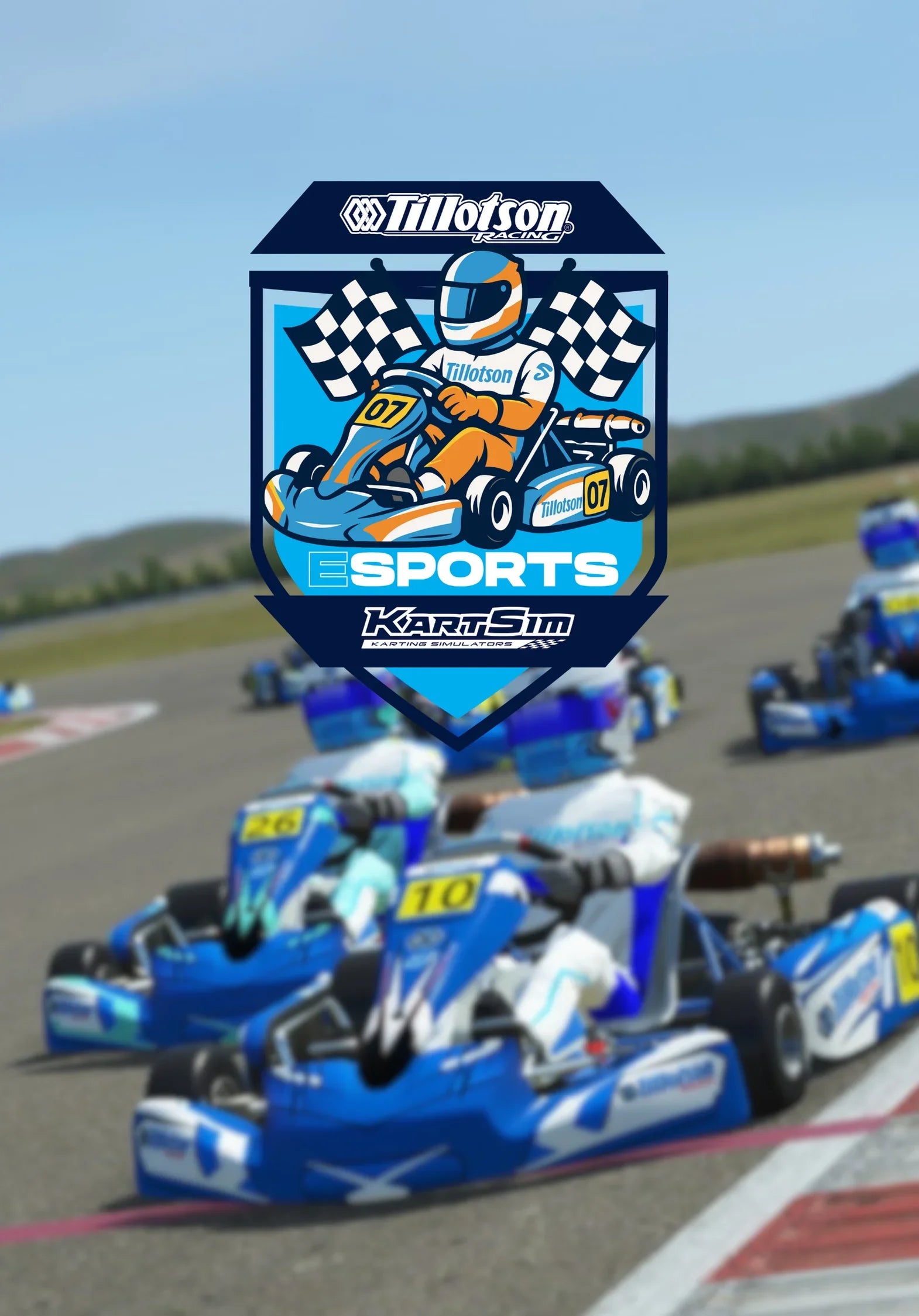 Tillotson Racing Esports logo featuring a cartoon kart driver holding two checkered flags, the number 07 on the kart, and the KartSim branding below. The badge is set over a blurred background of a virtual kart race with multiple blue karts on track.