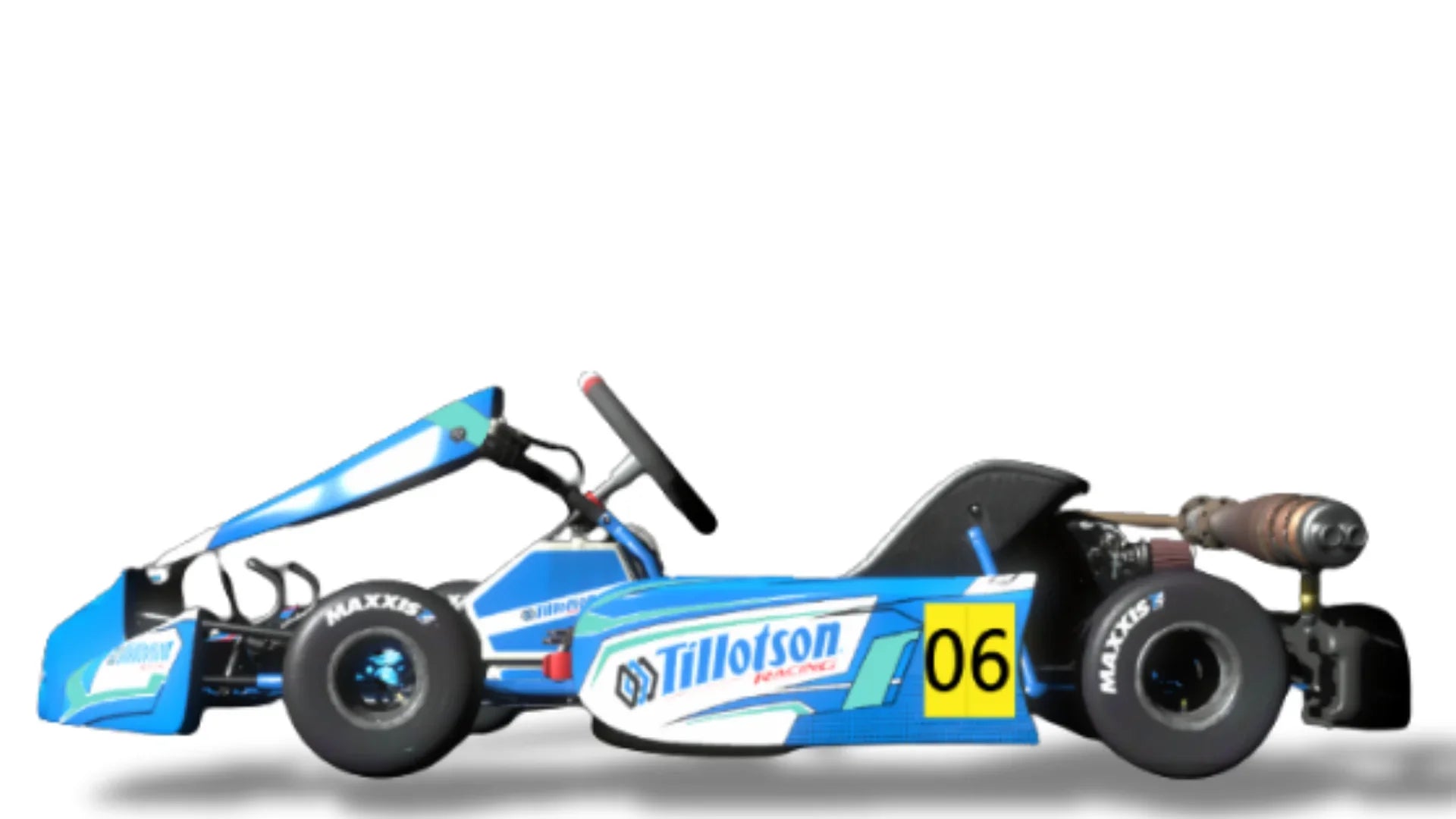 Tillotson T4 225RS 4-stroke kart — 225 cc air-cooled single-cylinder with electric start and centrifugal clutch, single-speed drive, rear hydraulic disc brake, right-side exhaust silencer, Maxxis slick tyres, CIK bodywork (nose cone, nassau panel, side pods), #06 livery — on KartSim software -  professional training tool for kart racers