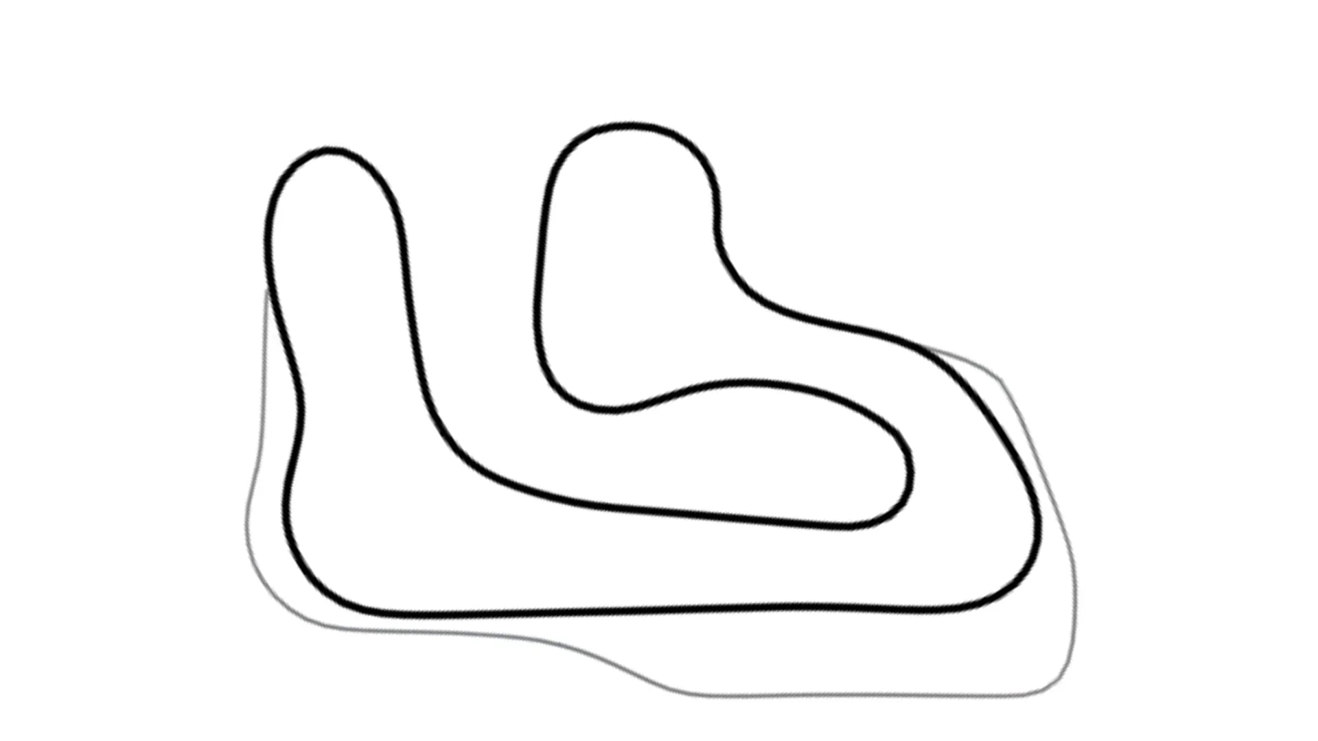 Black and white line drawing of Trackhouse Motorplex The Shoe kart racing track layout with sharp turns on white background for KartSim software