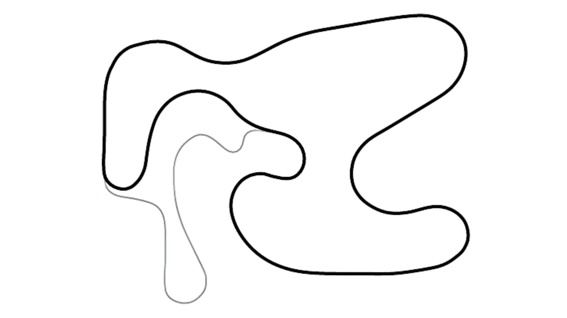 Black and white line drawing of Whiteland kart racing track reverse layout with flowing corners on white background for KartSim software