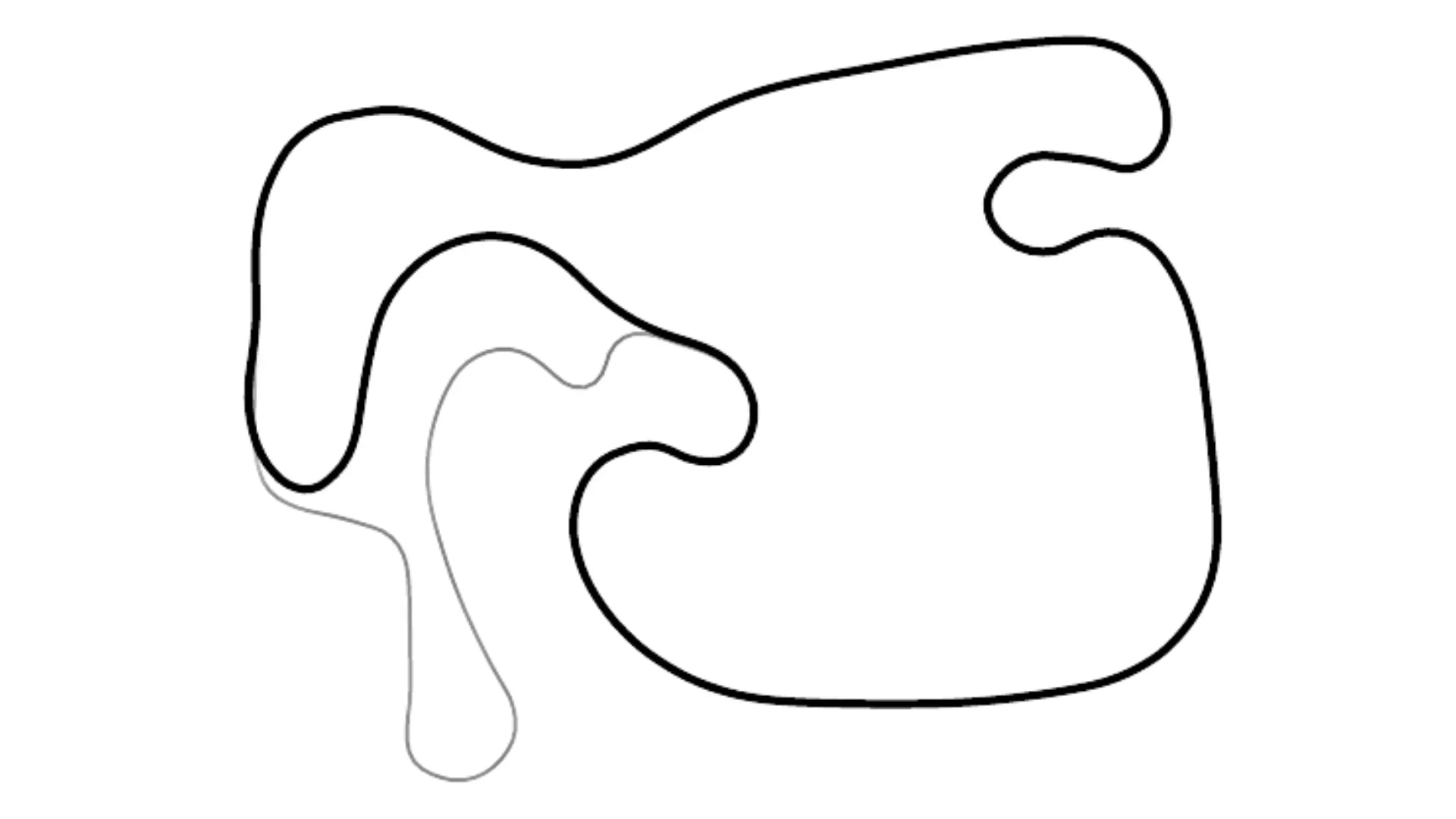 Black and white line drawing of Whiteland kart racing track reverse layout with tight corners on white background for KartSim software