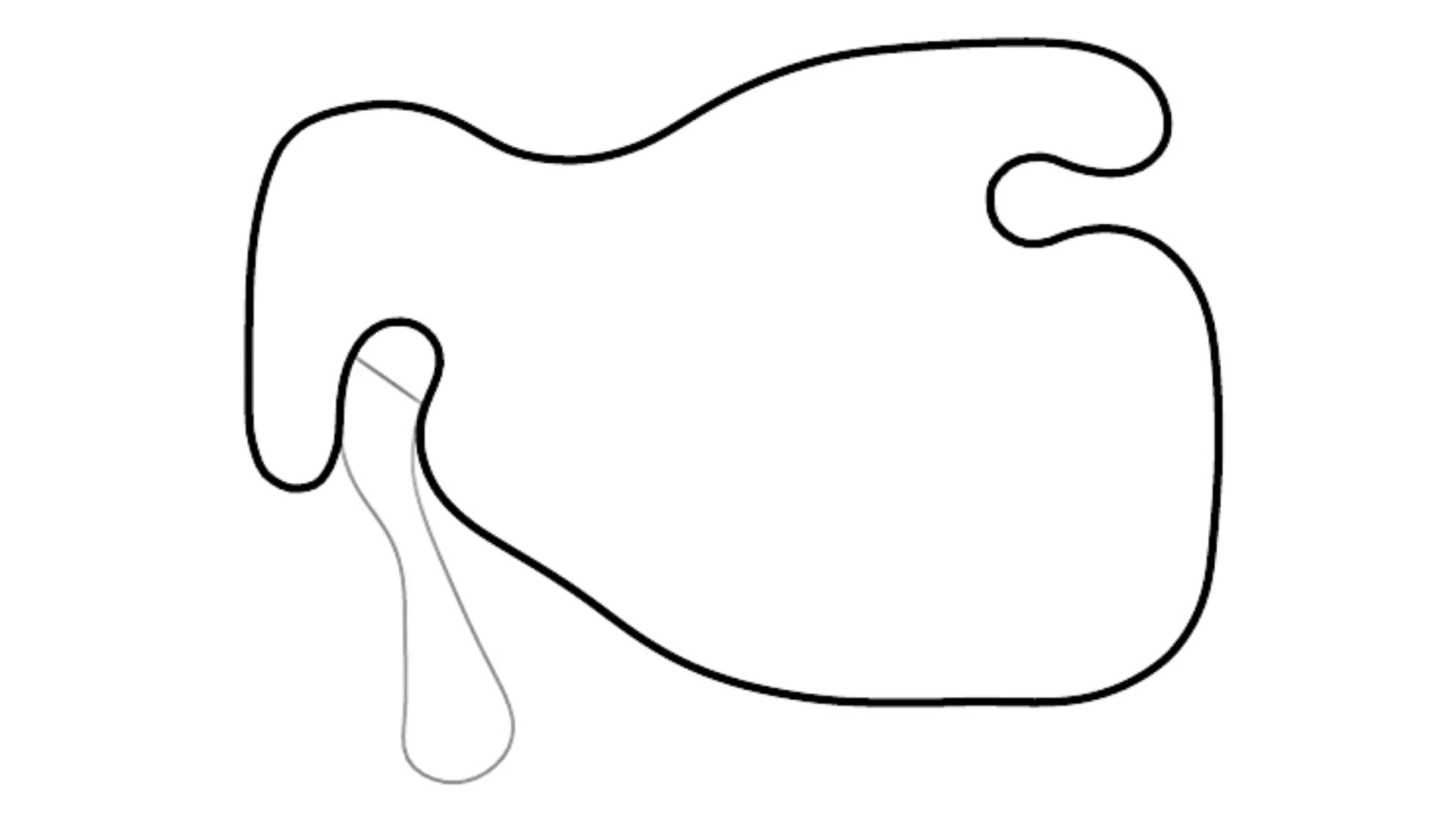 Black and white line drawing of Whiteland kart racing track layout with technical turns on white background for KartSim software