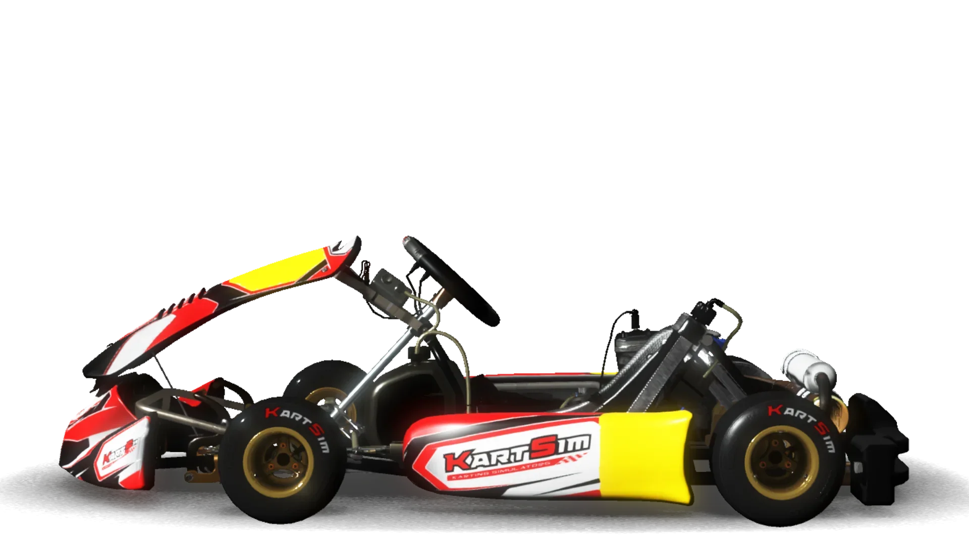 Side profile render of an X30 Senior UK-spec kart from KartSim Pro UK software, featuring a full-size senior chassis, CIK-FIA bodywork, Nassau panel, adjustable steering column, IAME X30 engine, and slick racing tyres with KartSim branding on the sidewalls.